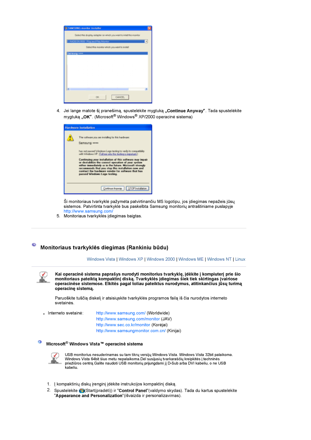 Samsung LS19UBPESQ/EDC manual Monitoriaus tvarkyklės diegimas Rankiniu būdu, Microsoft Windows Vista operacinė sistema 