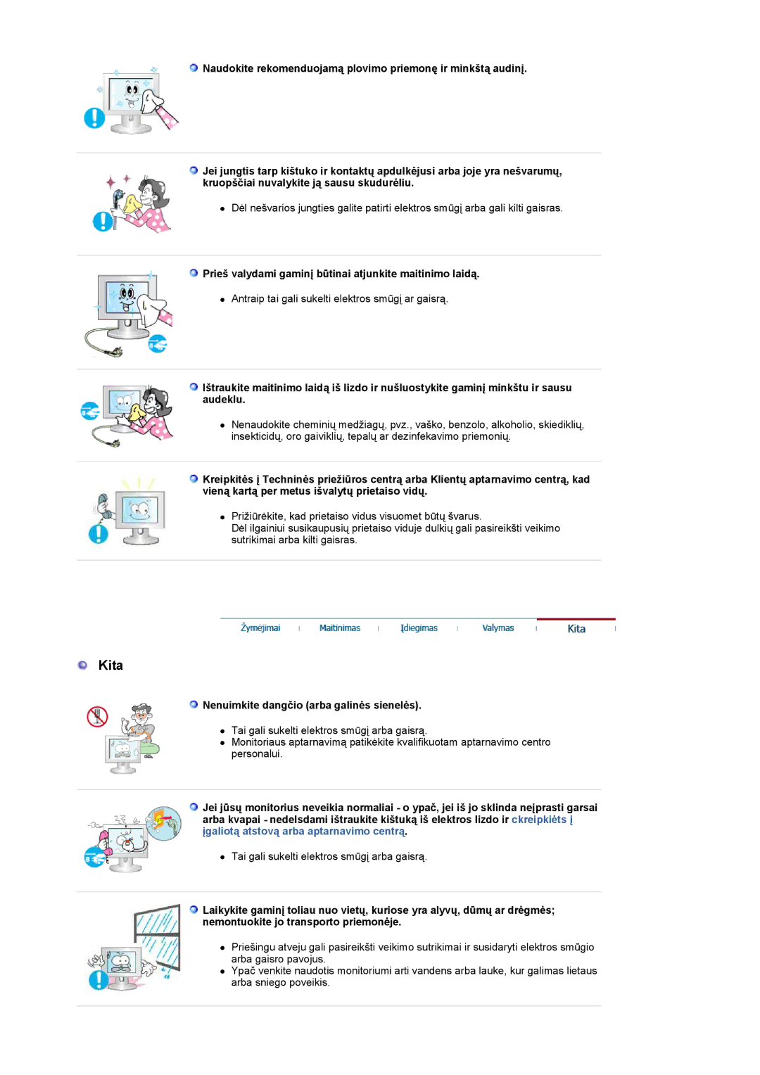 Samsung LS19UBPESQ/EDC manual Kita, Prieš valydami gaminį būtinai atjunkite maitinimo laidą 