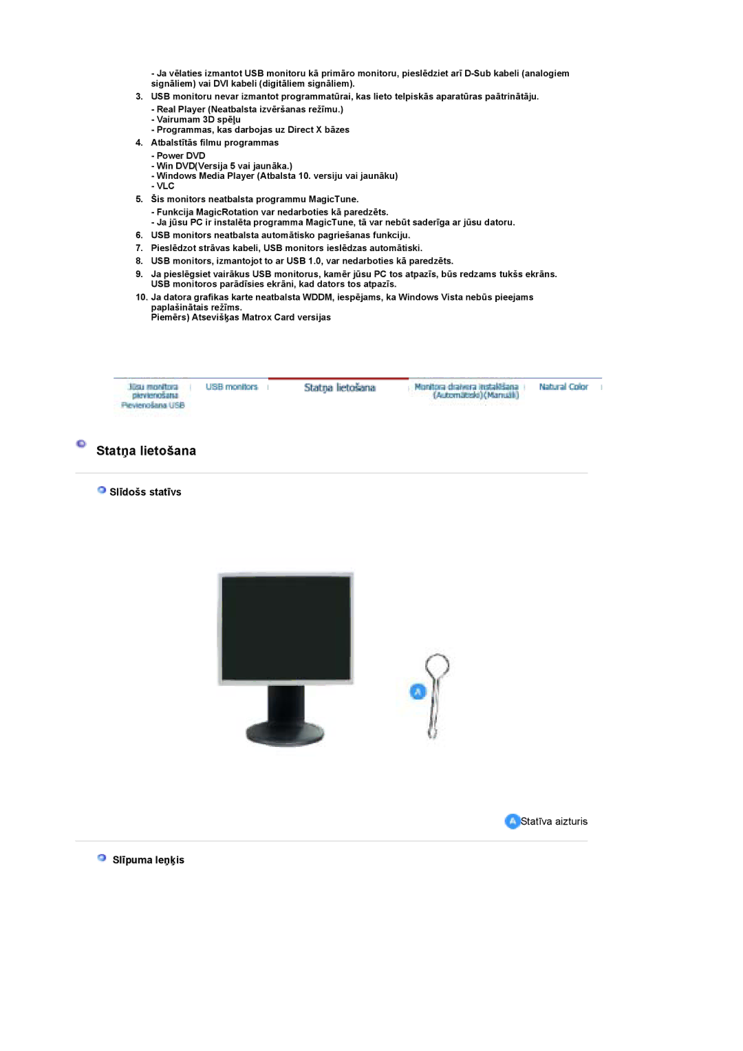 Samsung LS19UBPESQ/EDC manual Statņa lietošana, Slīdošs statīvs, Slīpuma leņķis 