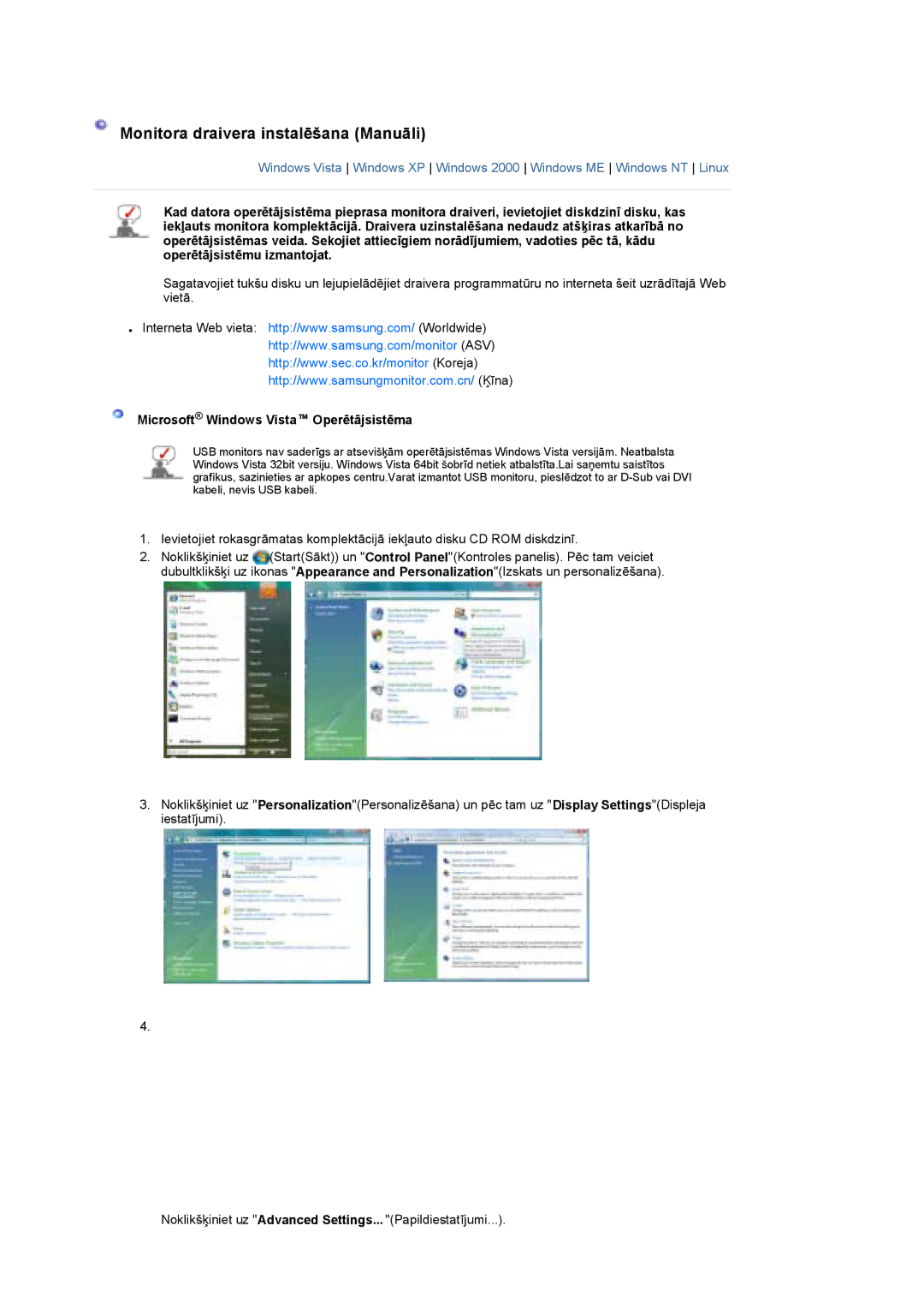 Samsung LS19UBPESQ/EDC manual Monitora draivera instalēšana Manuāli, Microsoft Windows Vista Operētājsistēma 