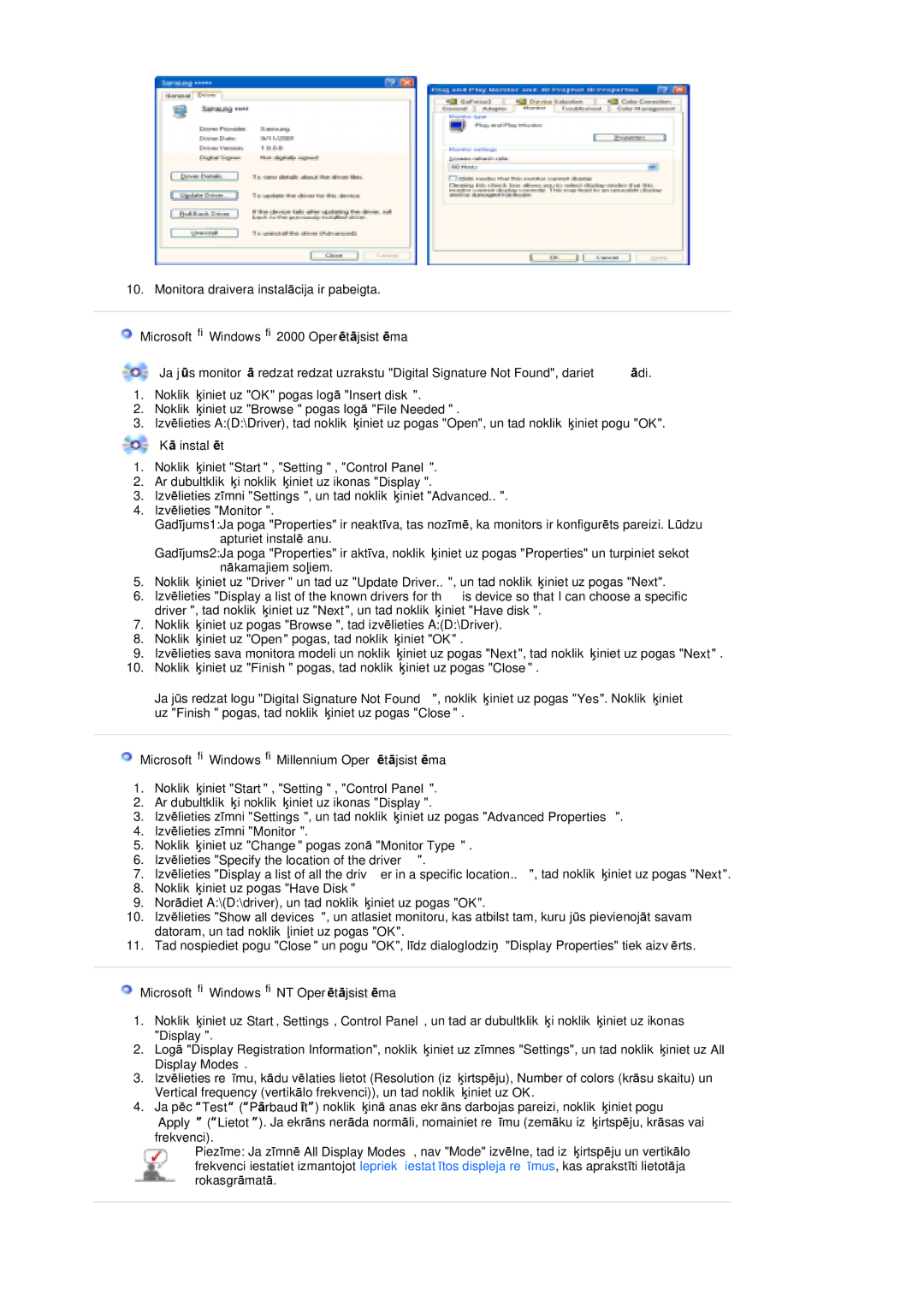 Samsung LS19UBPESQ/EDC Kā instalēt, Microsoft Windows Millennium Operētājsistēma, Microsoft Windows NT Operētājsistēma 