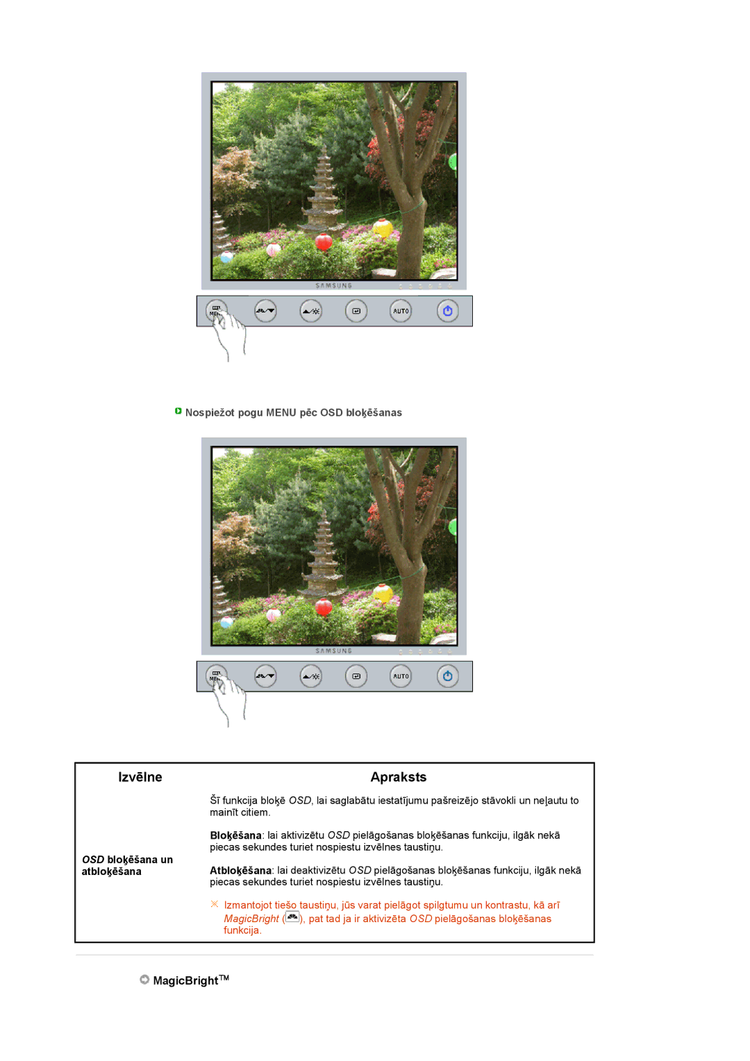 Samsung LS19UBPESQ/EDC manual Apraksts, OSD bloķēšana un atbloķēšana 