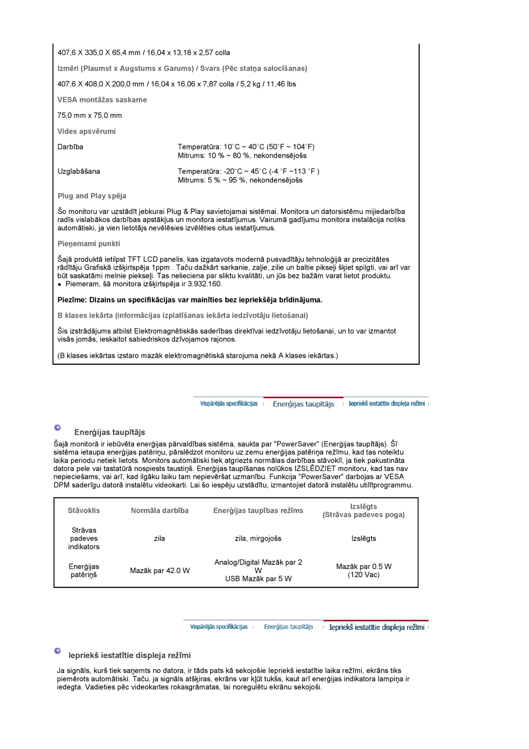 Samsung LS19UBPESQ/EDC manual Vesa montāžas saskarne, Vides apsvērumi, Plug and Play spēja, Pieņemami punkti 