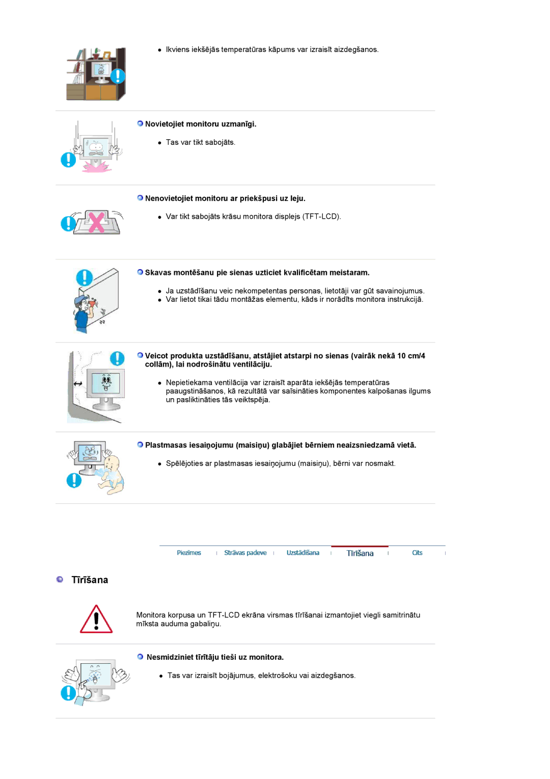 Samsung LS19UBPESQ/EDC manual Tīrīšana, Novietojiet monitoru uzmanīgi, Nenovietojiet monitoru ar priekšpusi uz leju 