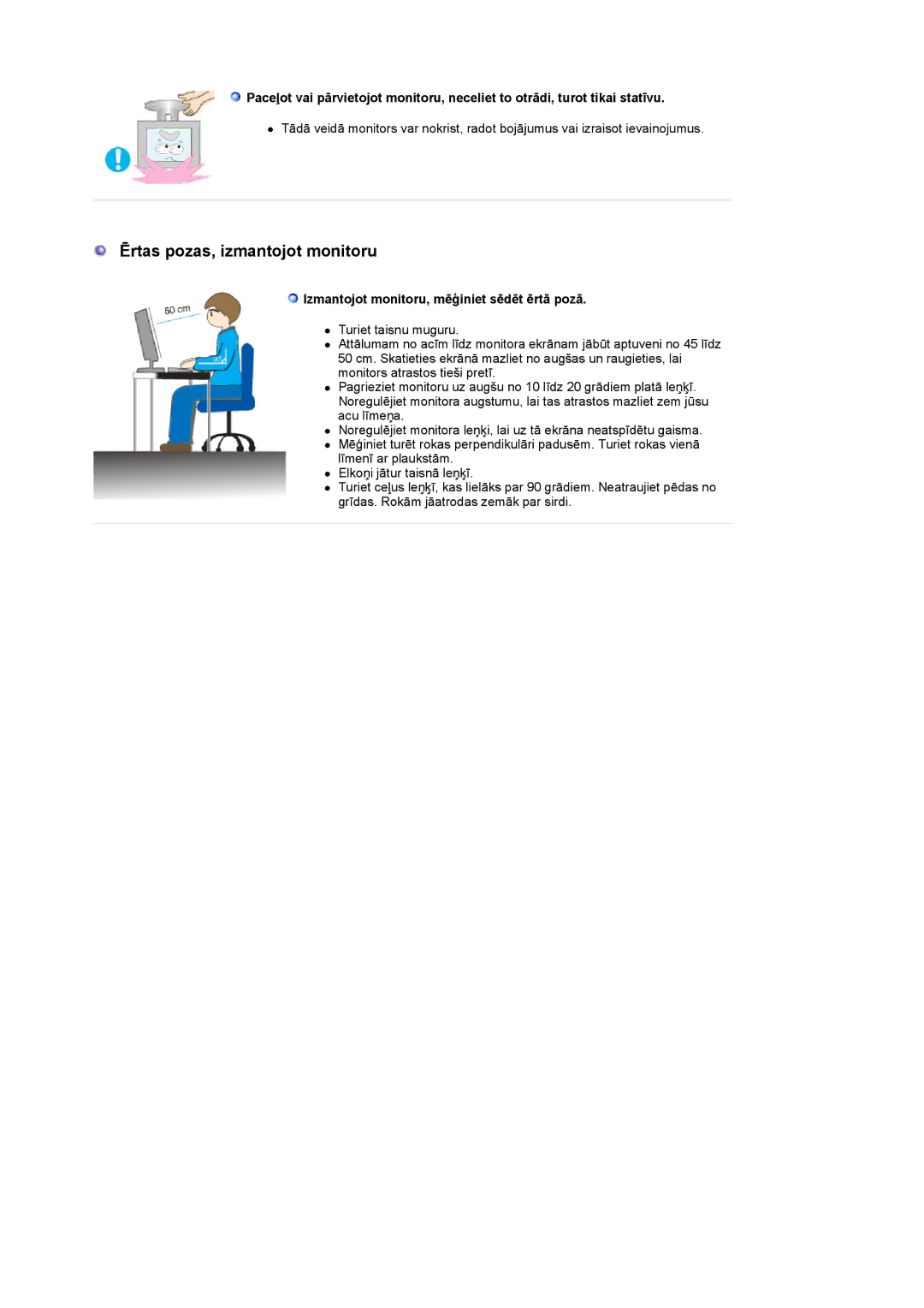 Samsung LS19UBPESQ/EDC manual Ērtas pozas, izmantojot monitoru, Izmantojot monitoru, mēģiniet sēdēt ērtā pozā 