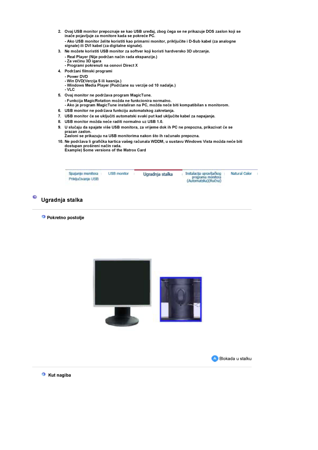 Samsung LS19UBPESQ/EDC manual Ugradnja stalka, Pokretno postolje, Kut nagiba 