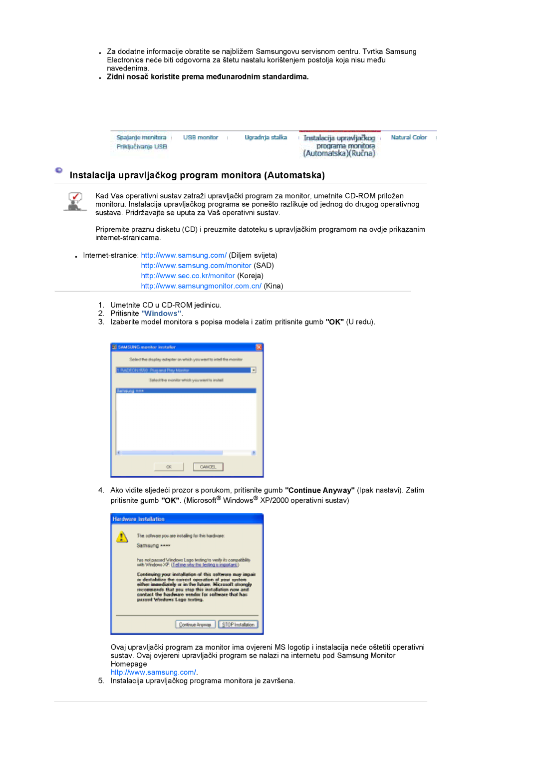 Samsung LS19UBPESQ/EDC manual Instalacija upravljačkog program monitora Automatska 