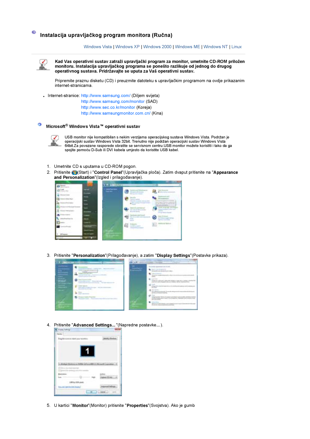 Samsung LS19UBPESQ/EDC manual Instalacija upravljačkog program monitora Ručna, Microsoft Windows Vista operativni sustav 