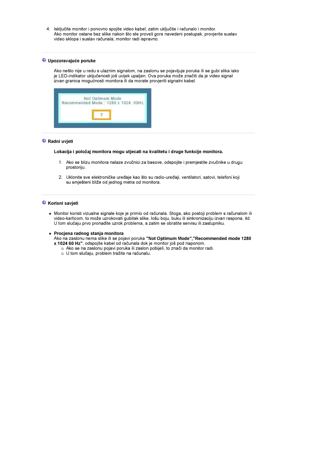 Samsung LS19UBPESQ/EDC manual Upozoravajuće poruke, Korisni savjeti, Procjena radnog stanja monitora 