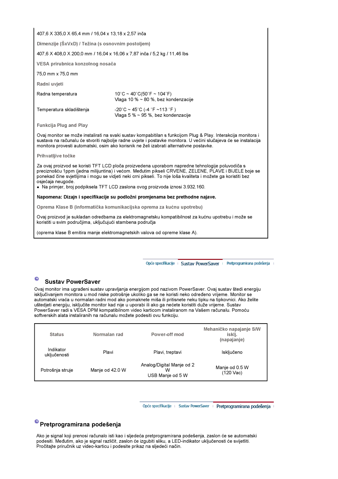 Samsung LS19UBPESQ/EDC manual Sustav PowerSaver, Pretprogramirana podešenja 