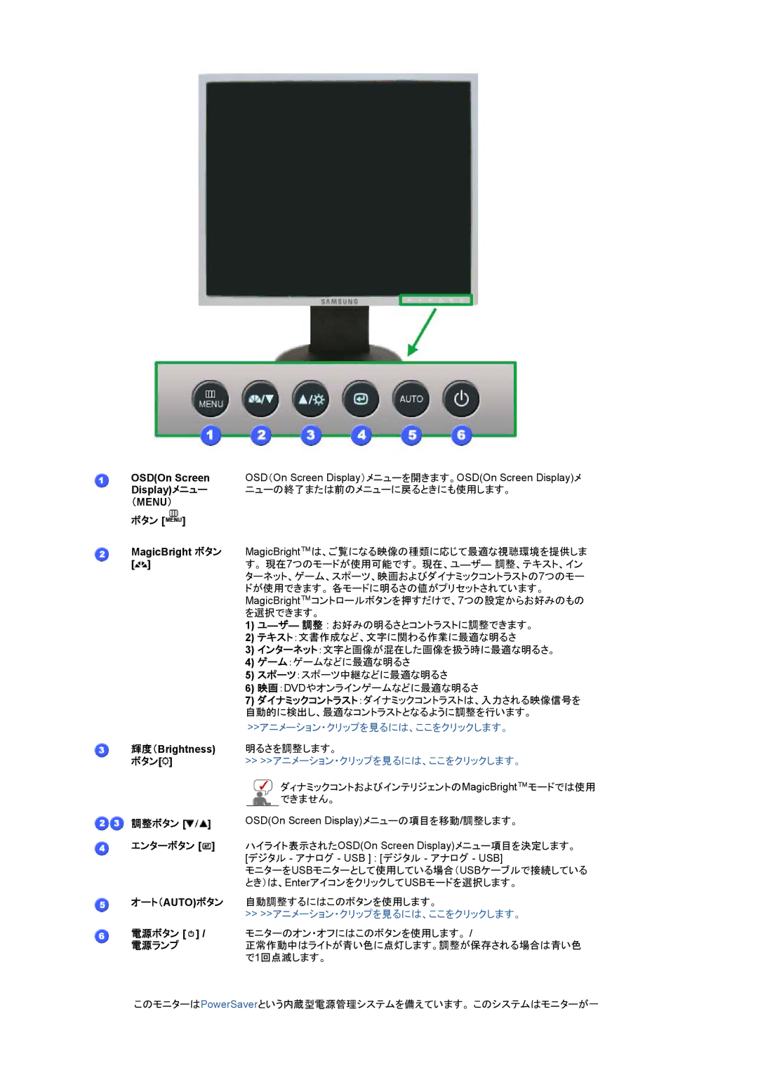 Samsung LS19UBQEBQ/XSJ, LS19UBPEBQ/XSJ manual OSDOn Screen Displayメニュー, ボタン MagicBright ボタン 輝度（Brightness ボタン, オート（Autoボタン 