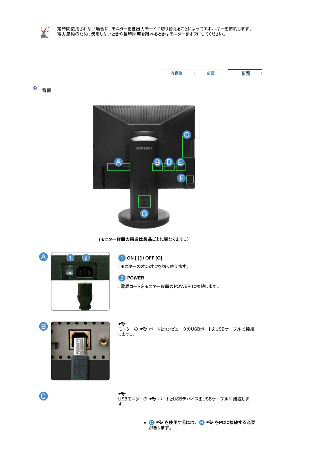 Samsung LS19UBPEBQ/XSJ, LS19UBQEBQ/XSJ manual モニター背面の構造は製品ごとに異なります。）, On / OFF O, を使用するには、 をpcに接続する必要 があります。 