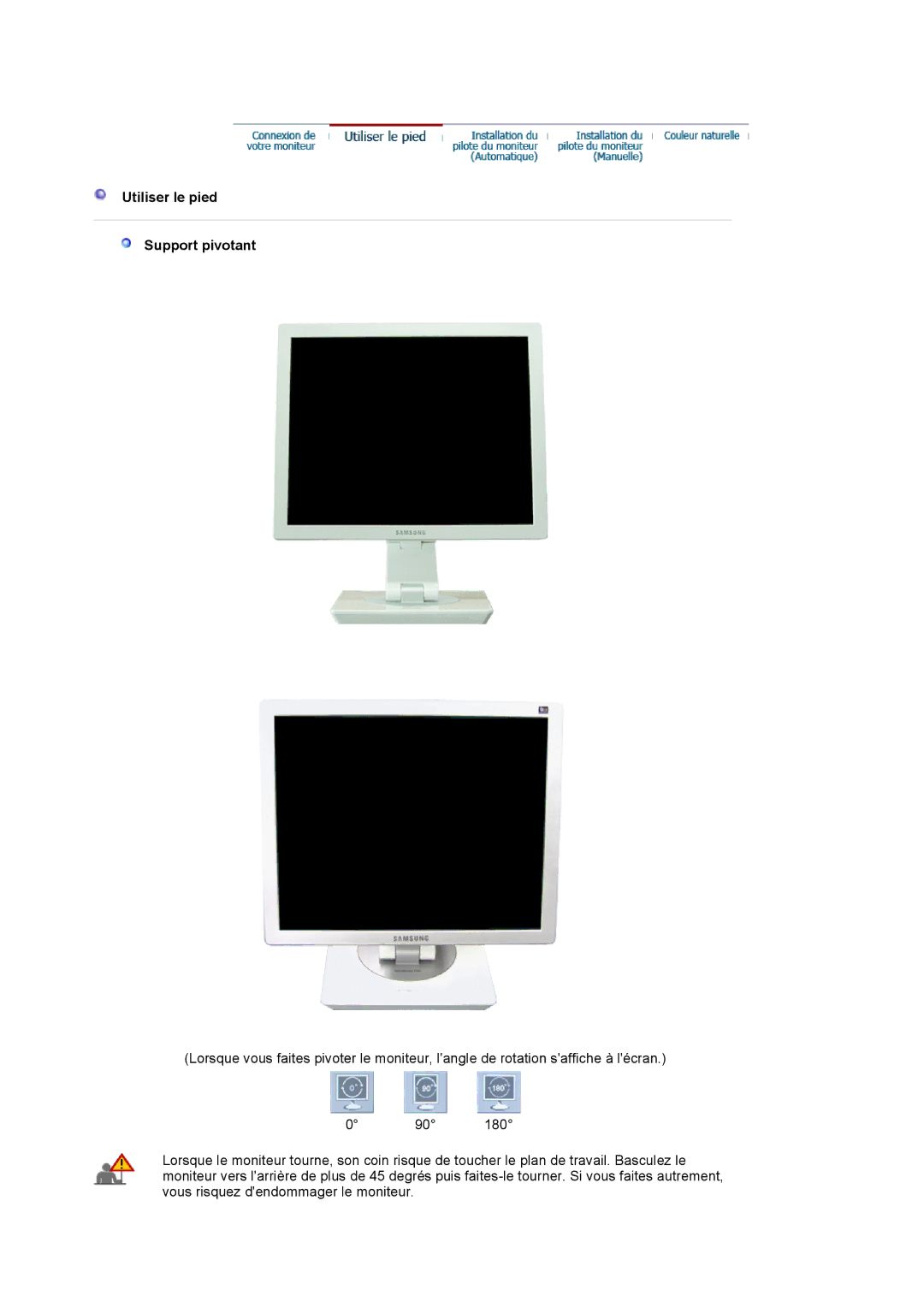 Samsung LS17VDPXHQ/EDC, LS19VDPXBQ/EDC, LS19VDPXHQ/EDC manual Utiliser le pied Support pivotant 