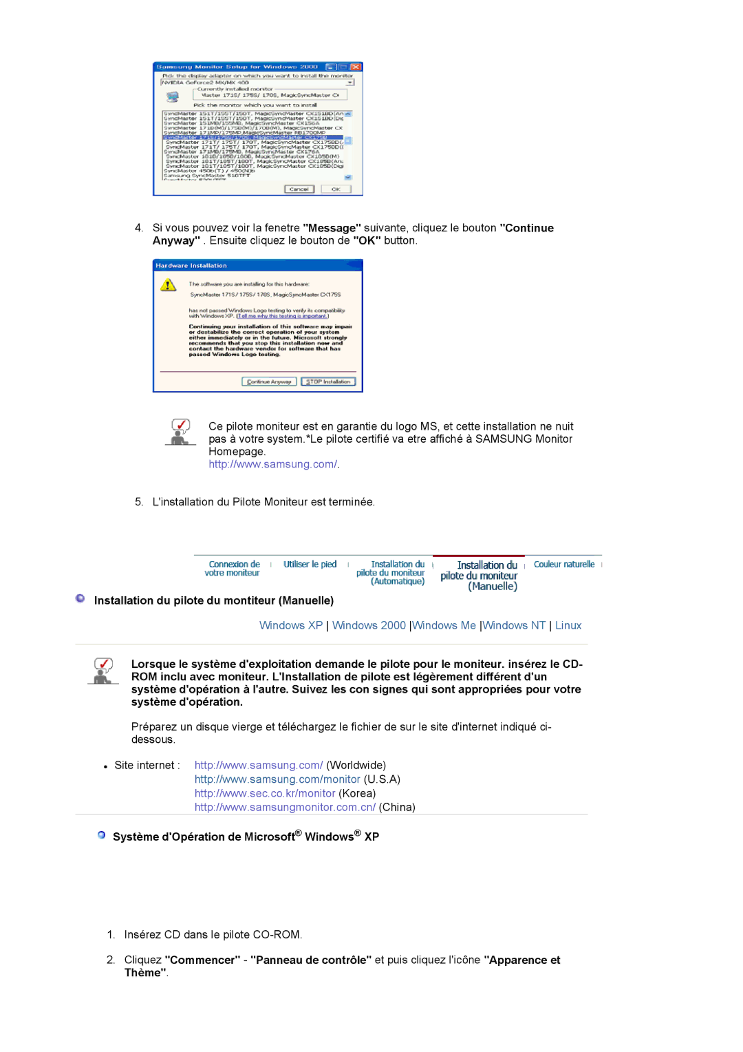 Samsung LS19VDPXHQ/EDC manual Installation du pilote du montiteur Manuelle, Système dOpération de Microsoft Windows XP 