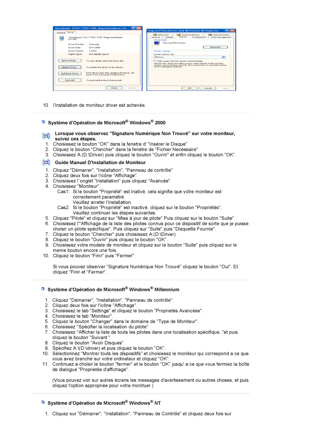 Samsung LS19VDPXHQ/EDC manual Guide Manuel DInstallation de Moniteur, Système dOpération de Microsoft Windows Millennium 