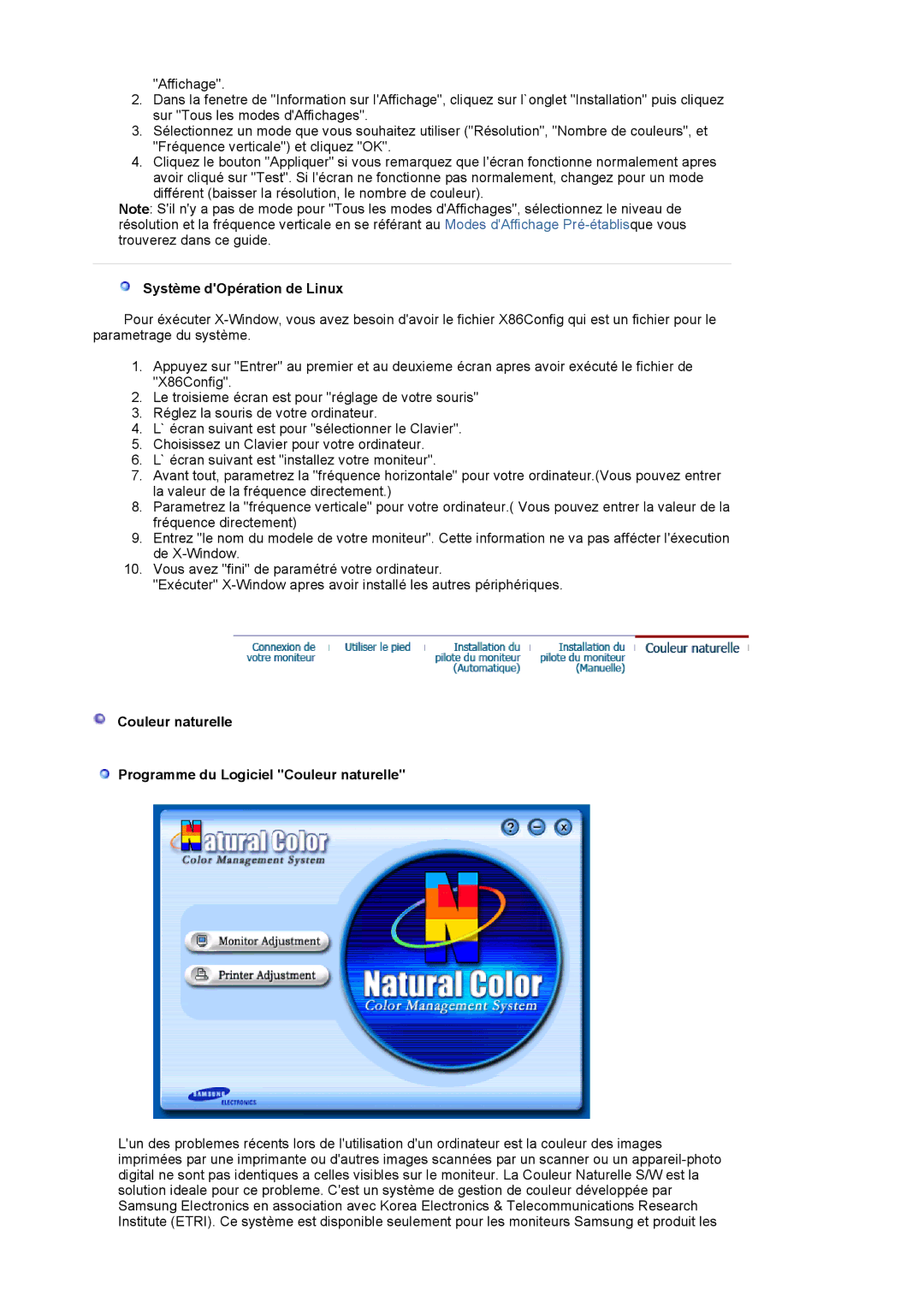 Samsung LS17VDPXHQ/EDC manual Système dOpération de Linux, Couleur naturelle Programme du Logiciel Couleur naturelle 