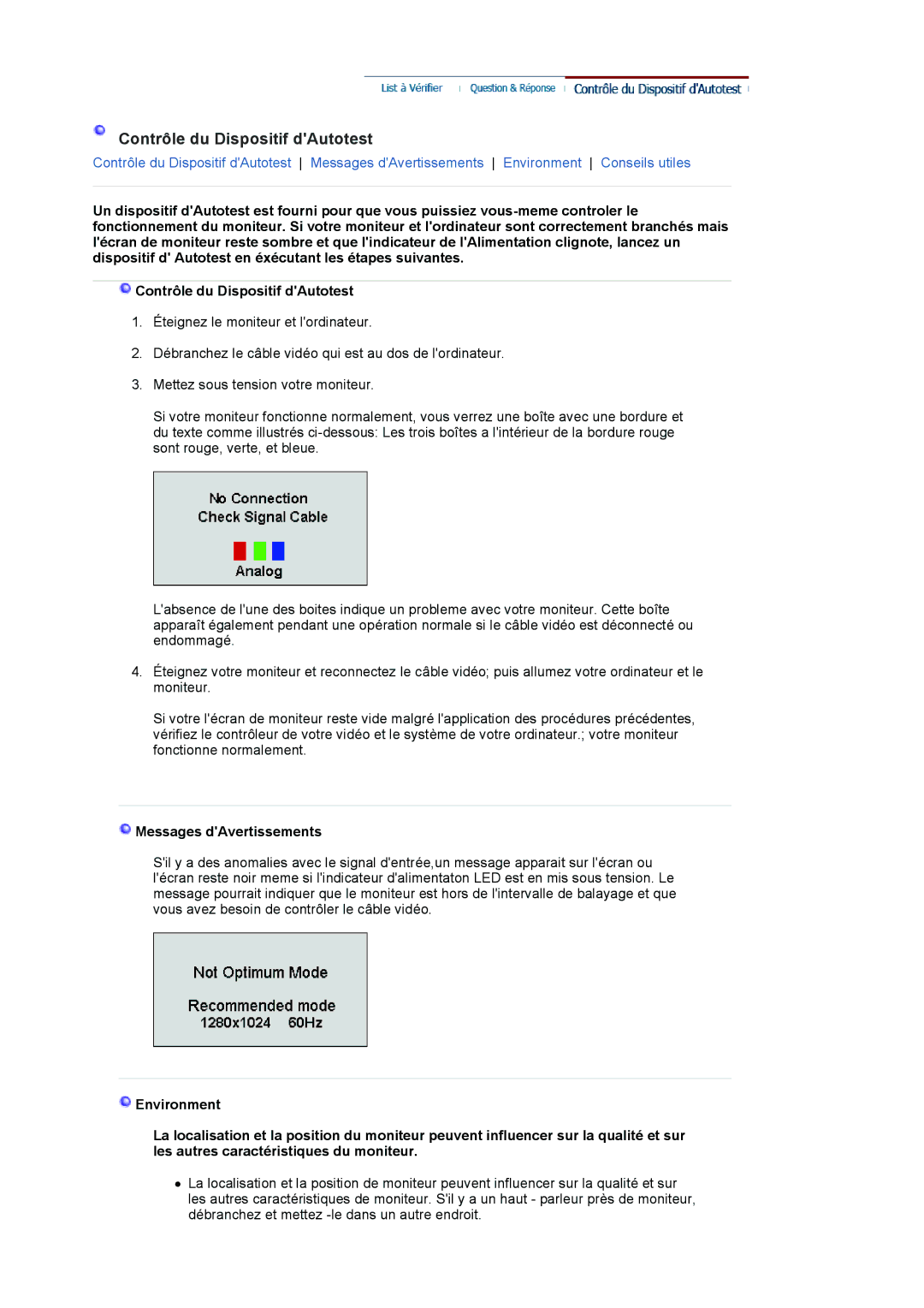 Samsung LS17VDPXHQ/EDC, LS19VDPXBQ/EDC, LS19VDPXHQ/EDC manual Contrôle du Dispositif dAutotest, Messages dAvertissements 