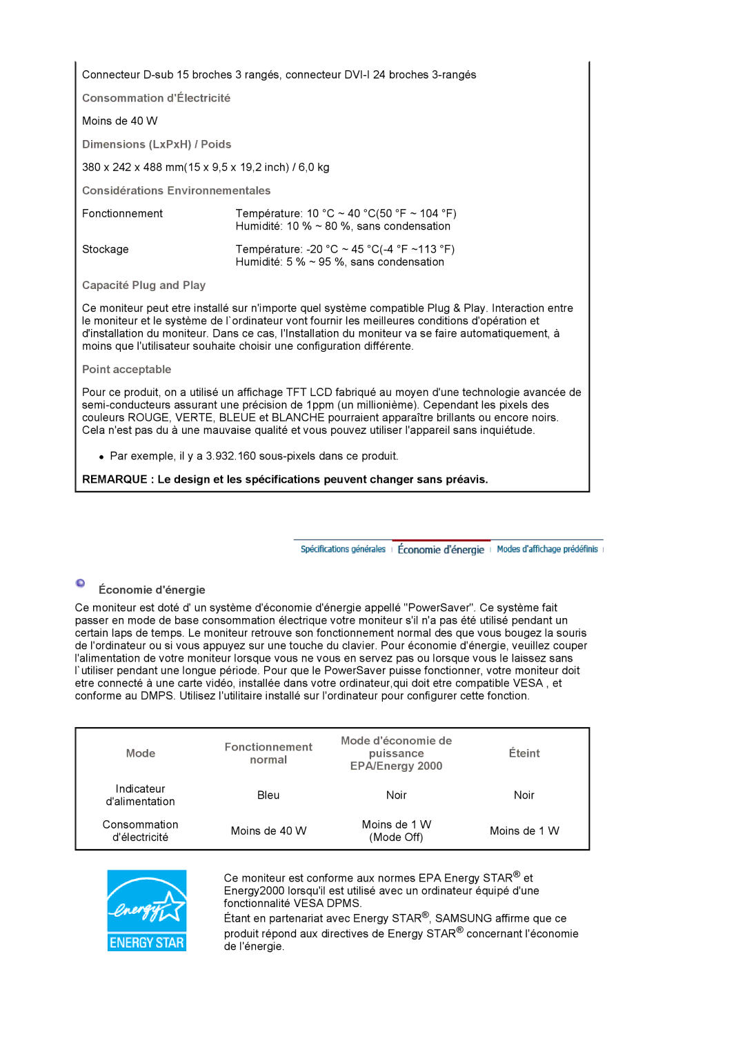 Samsung LS17VDPXHQ/EDC, LS19VDPXBQ/EDC, LS19VDPXHQ/EDC manual Consommation dÉlectricité 