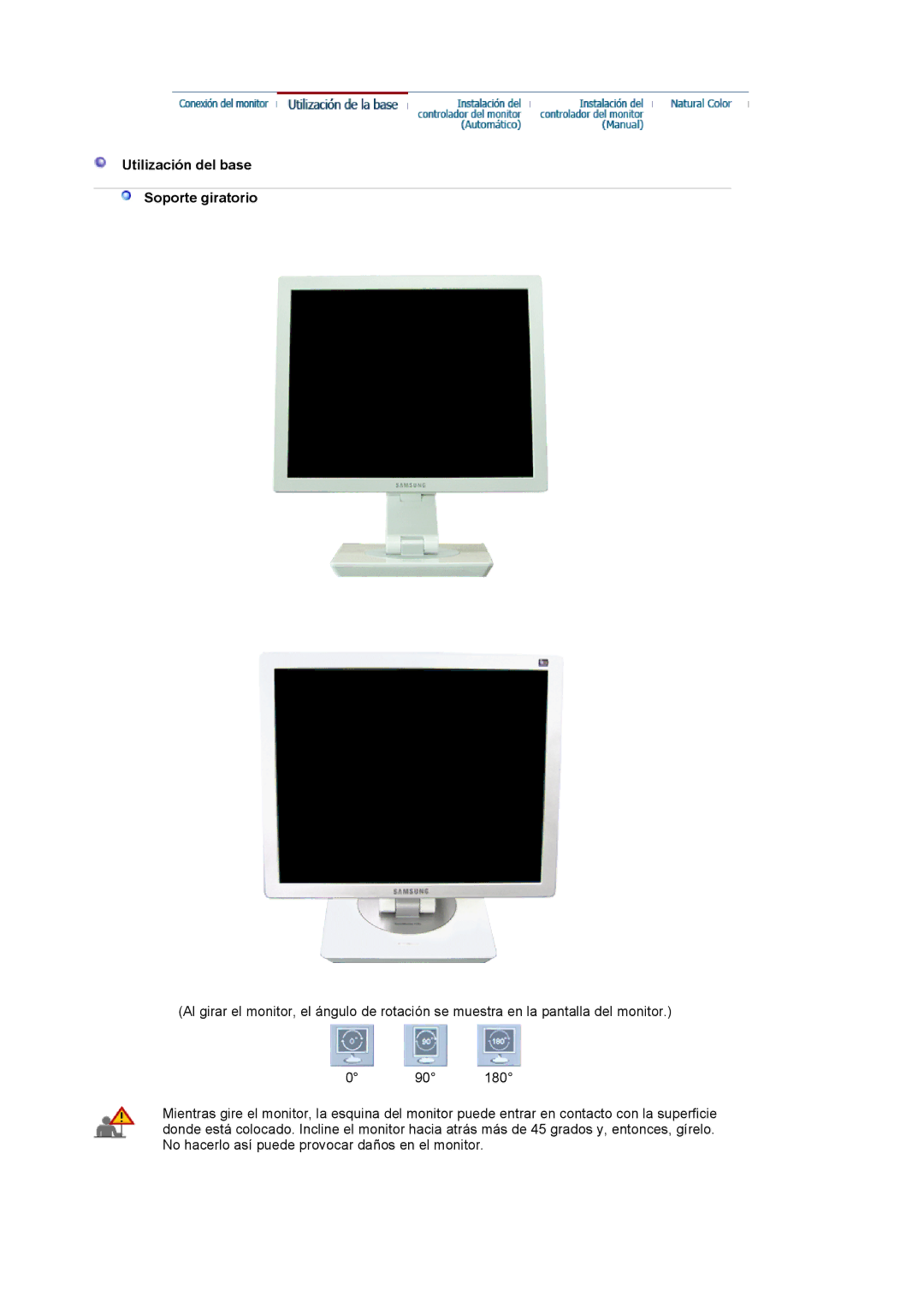 Samsung LS19VDPXBQ/EDC, LS19VDPXHQ/EDC, LS17VDPXHQ/EDC manual Utilización del base Soporte giratorio 