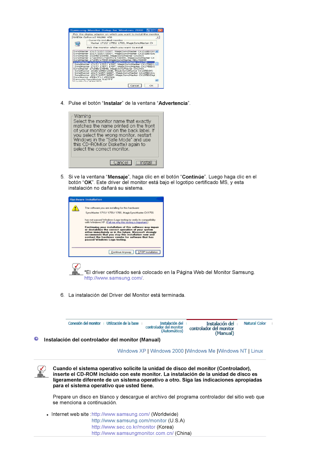 Samsung LS17VDPXHQ/EDC, LS19VDPXBQ/EDC, LS19VDPXHQ/EDC manual Instalación del controlador del monitor Manual 