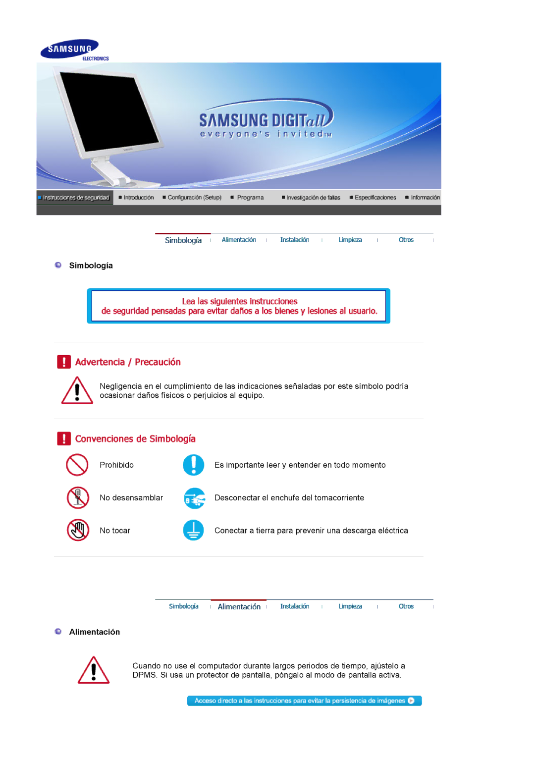 Samsung LS17VDPXHQ/EDC, LS19VDPXBQ/EDC, LS19VDPXHQ/EDC manual Simbología, Alimentación 