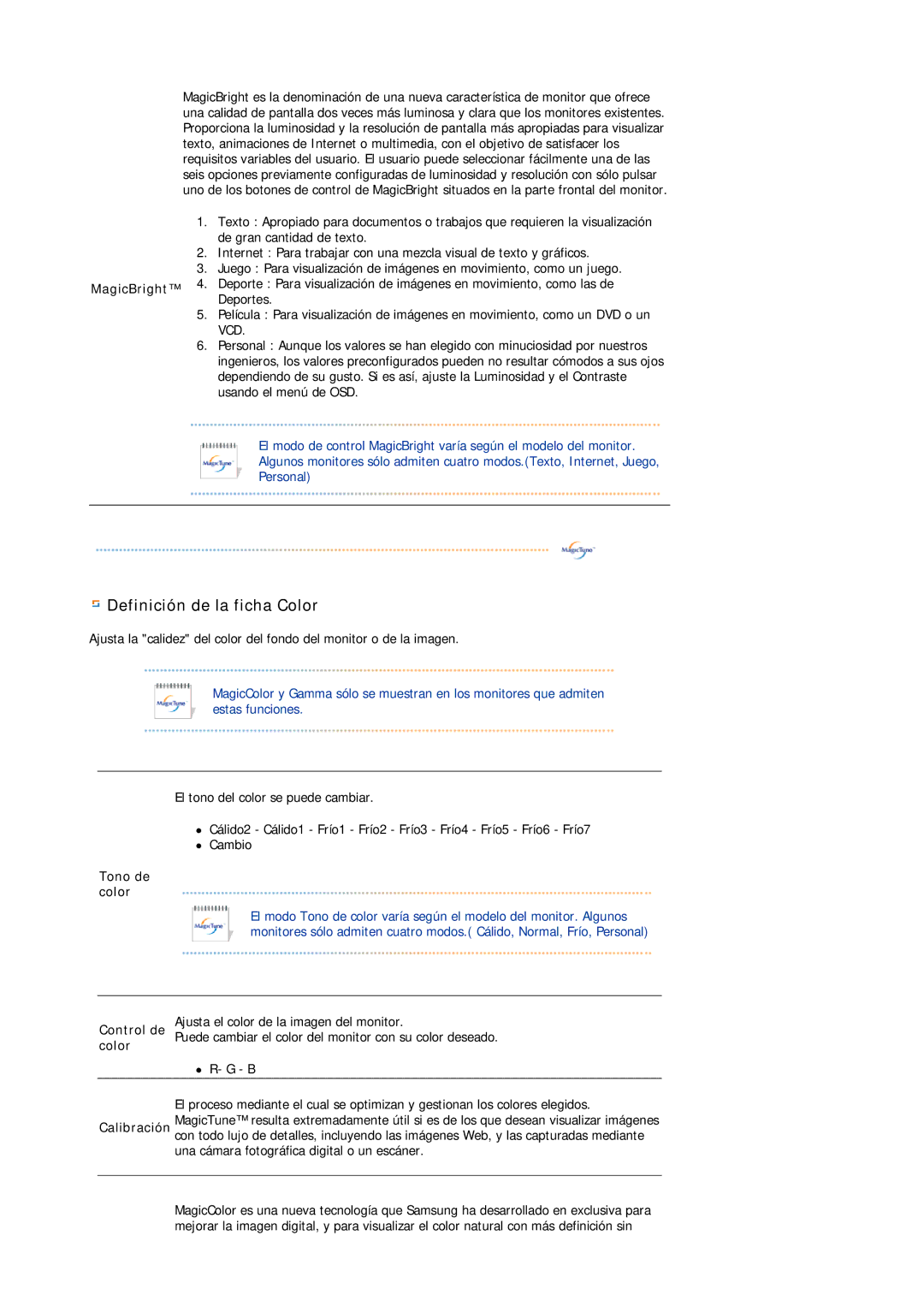 Samsung LS19VDPXBQ/EDC, LS19VDPXHQ/EDC, LS17VDPXHQ/EDC manual Definición de la ficha Color 