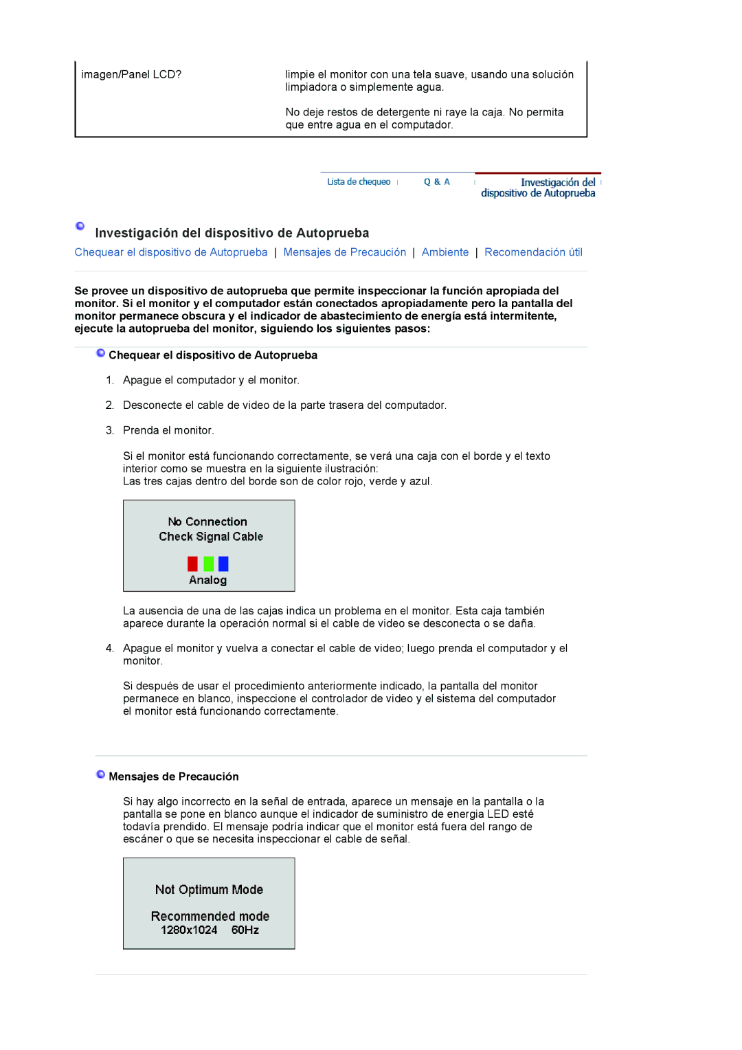 Samsung LS19VDPXBQ/EDC, LS19VDPXHQ/EDC, LS17VDPXHQ/EDC Investigación del dispositivo de Autoprueba, Mensajes de Precaución 