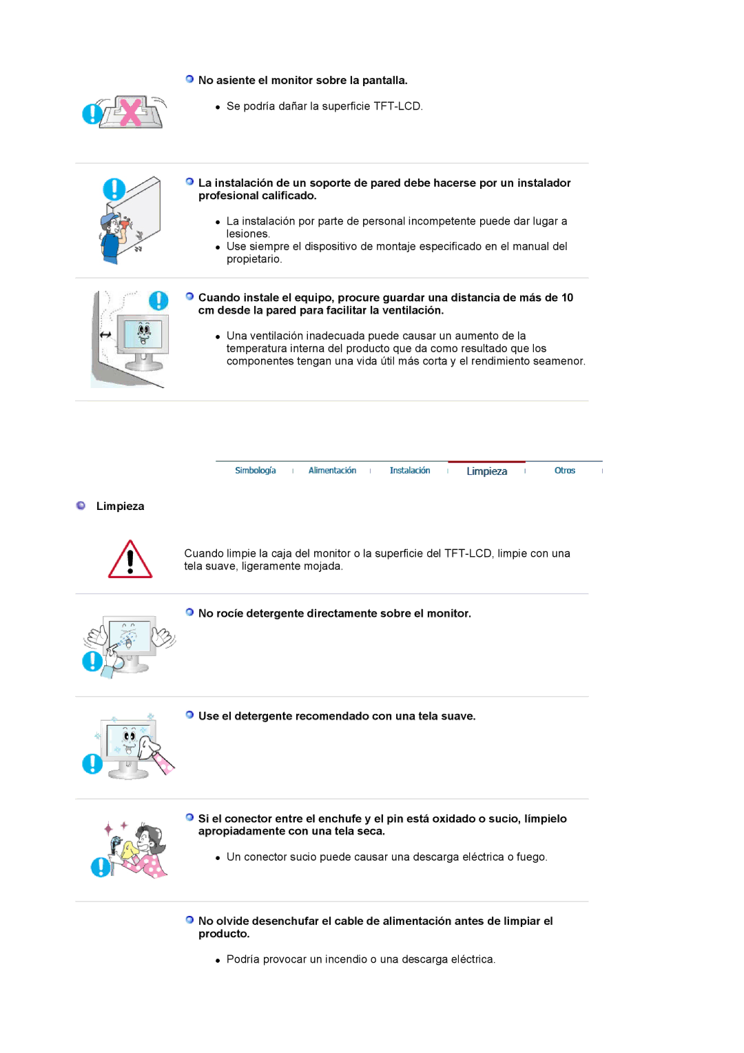 Samsung LS17VDPXHQ/EDC, LS19VDPXBQ/EDC, LS19VDPXHQ/EDC manual No asiente el monitor sobre la pantalla, Limpieza 