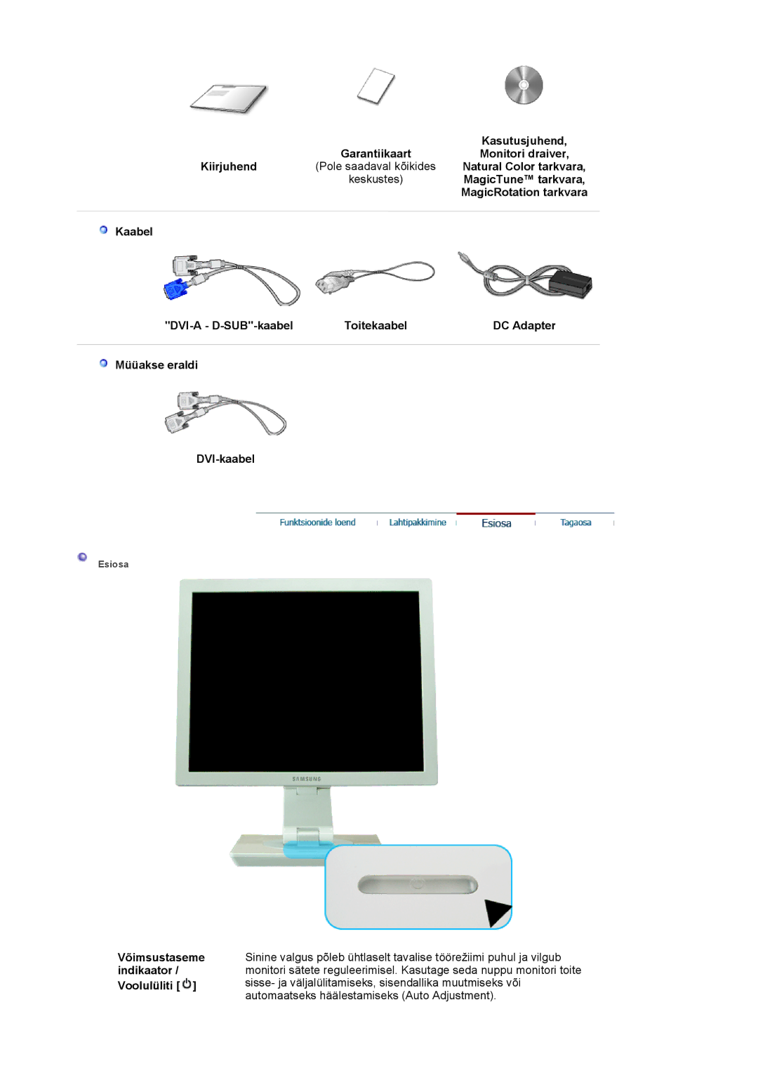 Samsung LS17VDPXHQ/EDC, LS19VDPXBQ/EDC Kasutusjuhend, Garantiikaart Monitori draiver Kiirjuhend, Natural Color tarkvara 