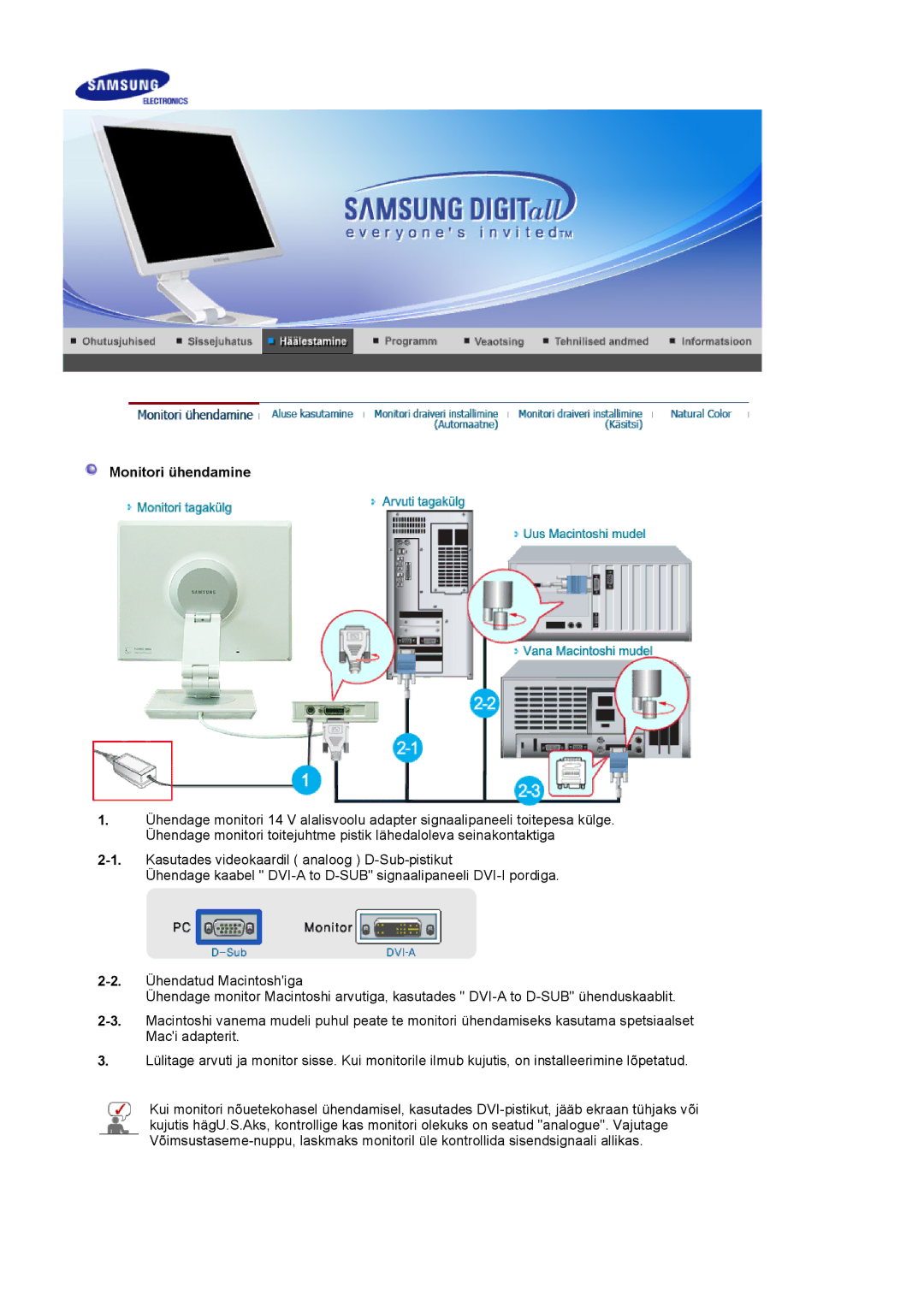 Samsung LS19VDPXHQ/EDC, LS19VDPXBQ/EDC, LS17VDPXHQ/EDC manual Monitori ühendamine 