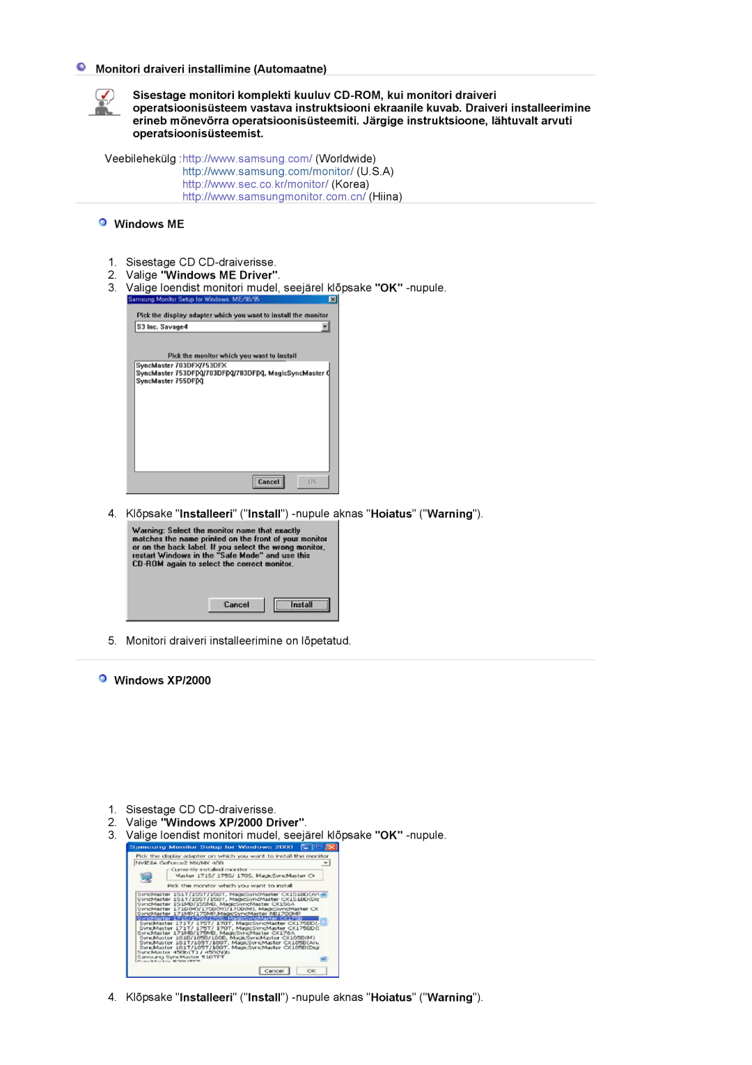 Samsung LS19VDPXBQ/EDC, LS19VDPXHQ/EDC, LS17VDPXHQ/EDC manual Valige Windows ME Driver, Valige Windows XP/2000 Driver 