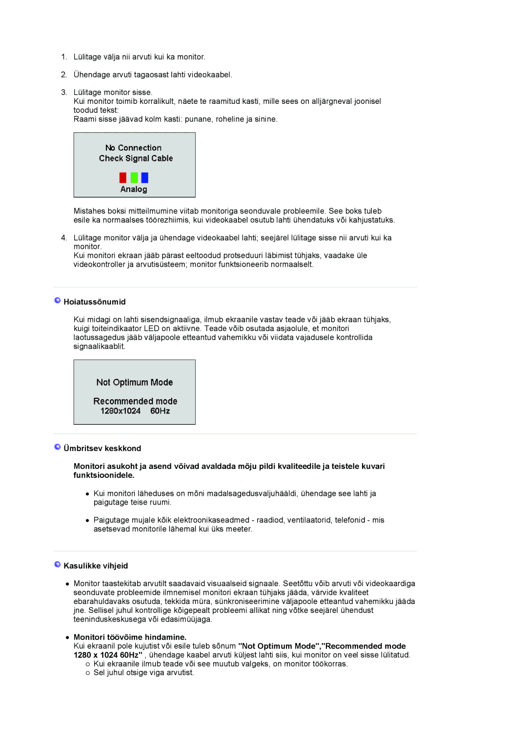 Samsung LS19VDPXHQ/EDC, LS19VDPXBQ/EDC, LS17VDPXHQ/EDC manual Hoiatussõnumid, Kasulikke vihjeid, Monitori töövõime hindamine 