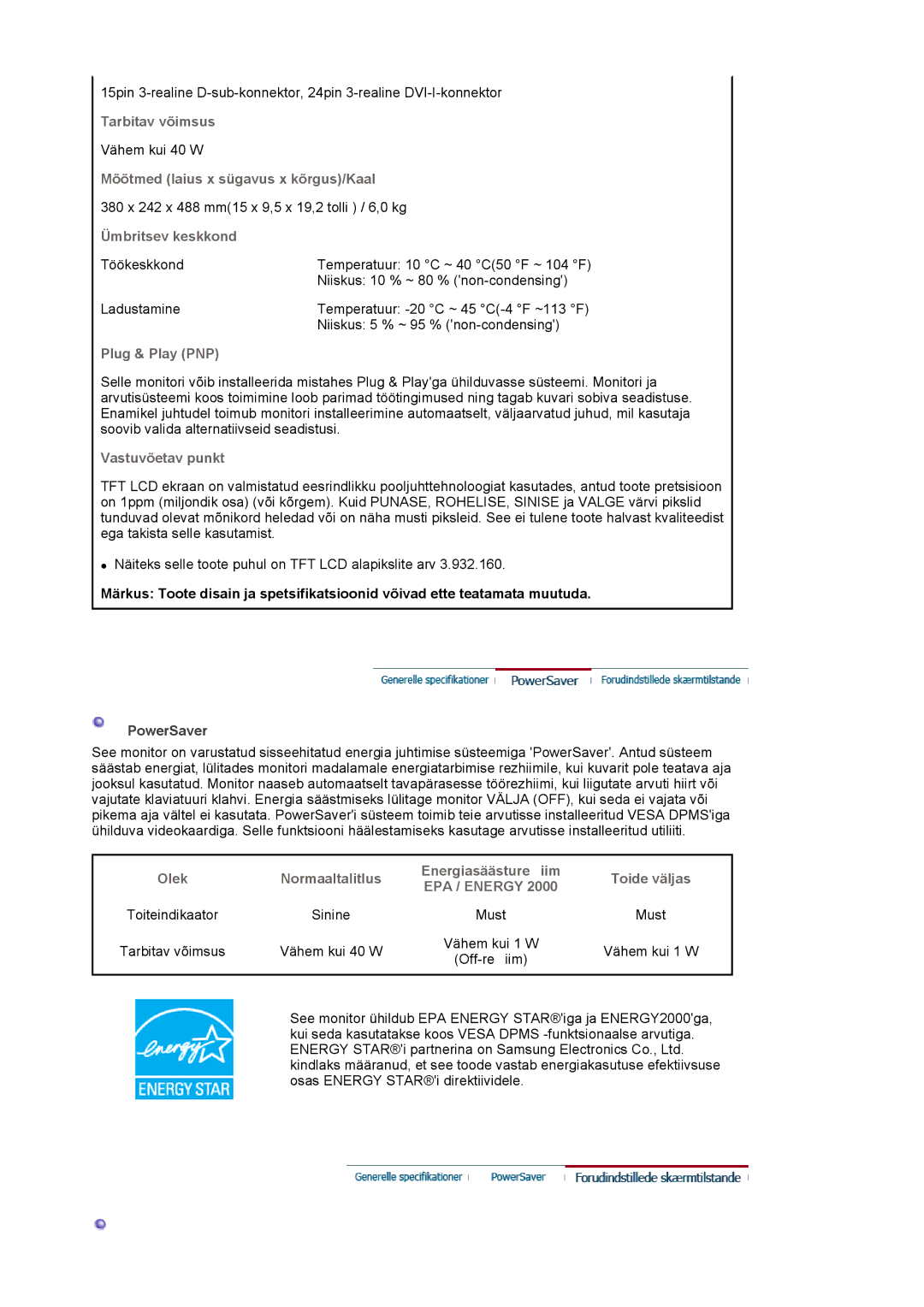 Samsung LS19VDPXBQ/EDC, LS19VDPXHQ/EDC, LS17VDPXHQ/EDC manual EPA / Energy 