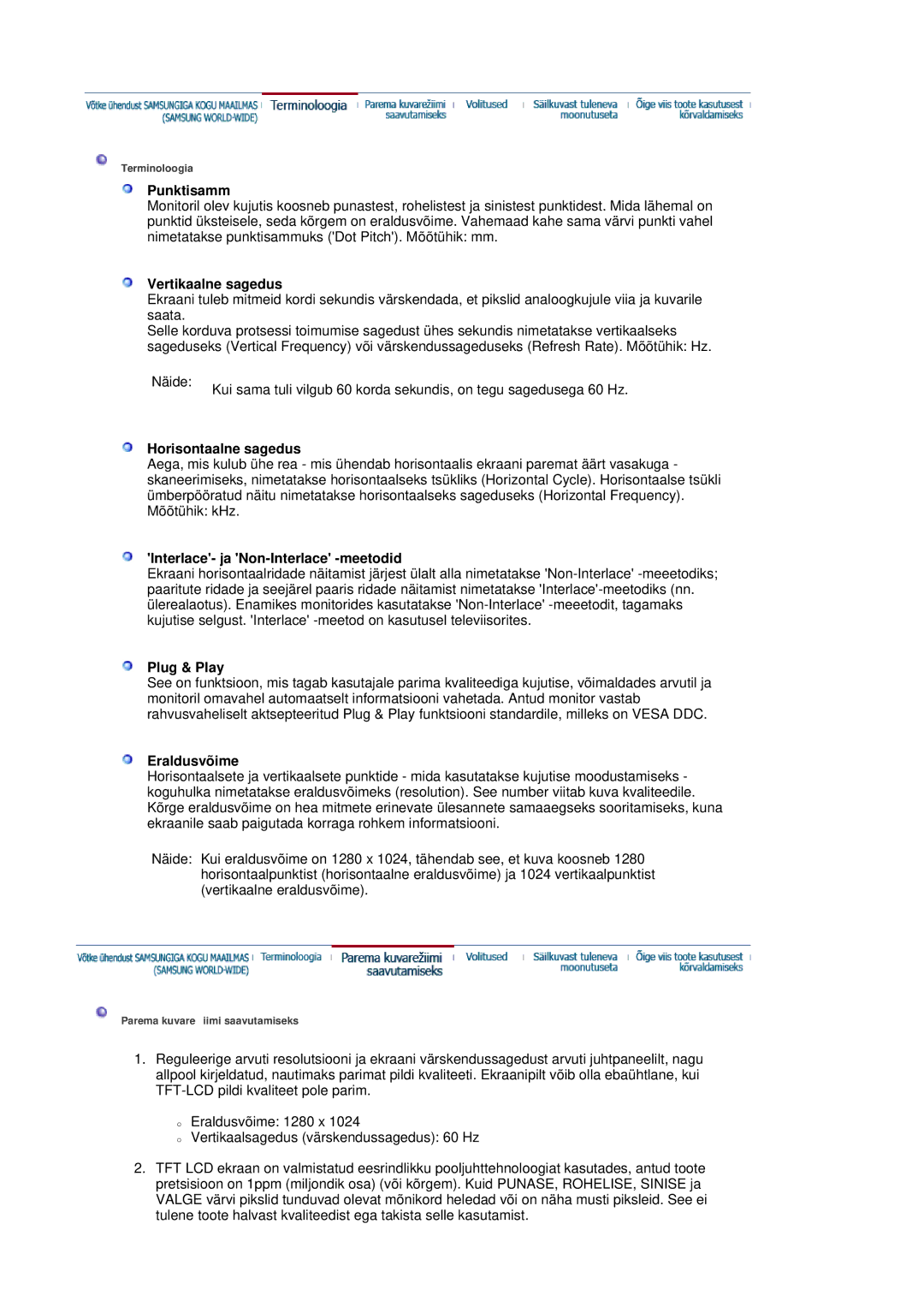 Samsung LS19VDPXHQ/EDC manual Punktisamm, Vertikaalne sagedus, Horisontaalne sagedus, Interlace- ja Non-Interlace -meetodid 