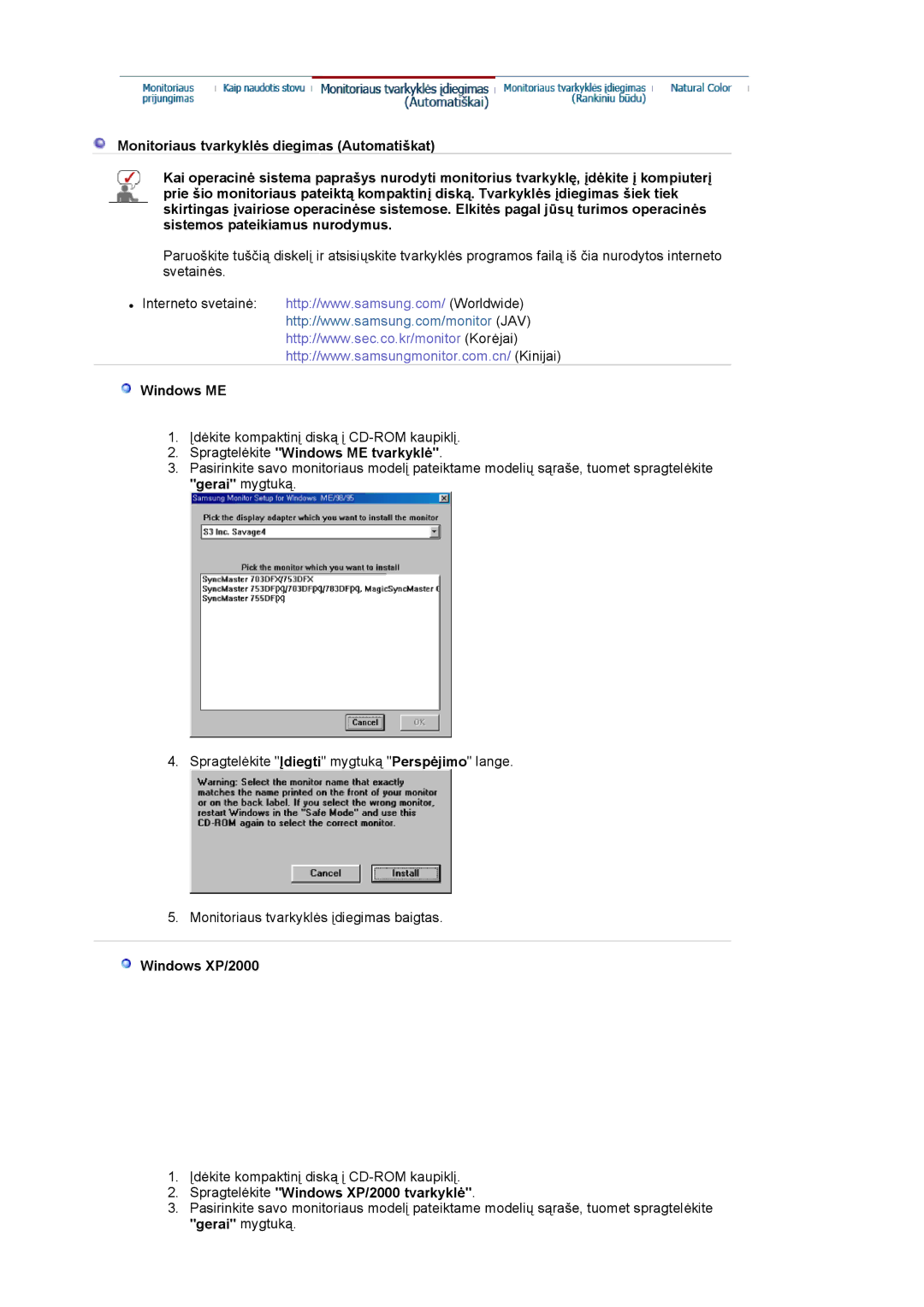Samsung LS19VDPXHQ/EDC, LS19VDPXBQ/EDC Spragtelėkite Windows ME tvarkyklė, Spragtelėkite Windows XP/2000 tvarkyklė 