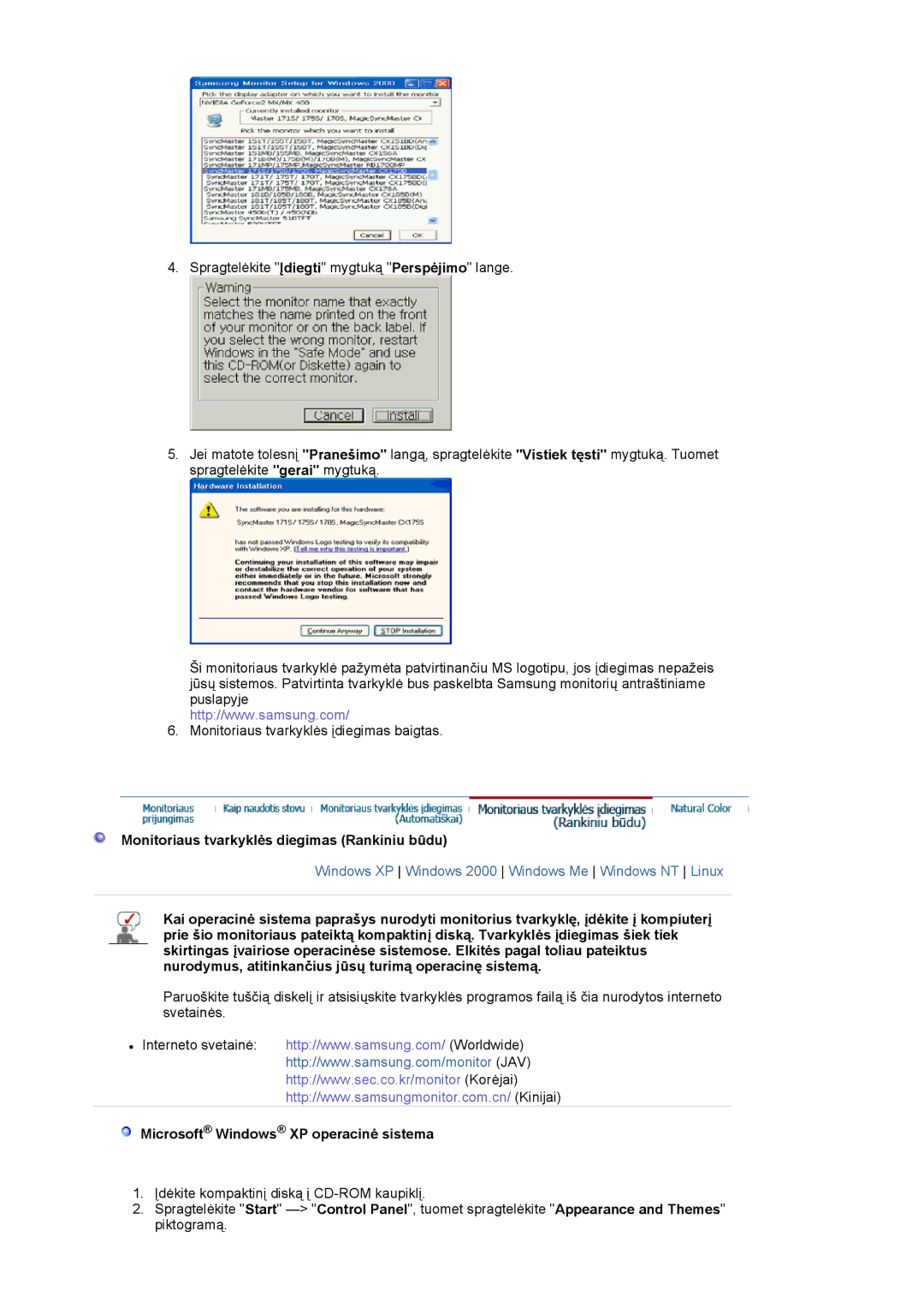 Samsung LS17VDPXHQ/EDC manual Monitoriaus tvarkyklės diegimas Rankiniu būdu, Microsoft Windows XP operacinė sistema 