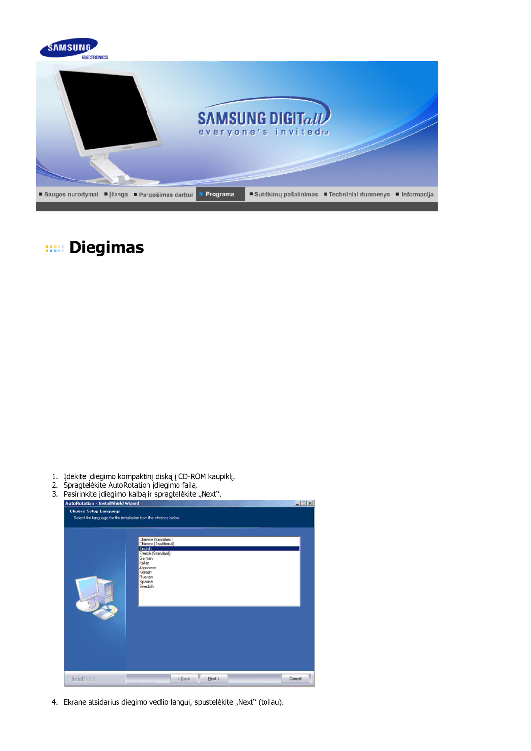 Samsung LS17VDPXHQ/EDC, LS19VDPXBQ/EDC, LS19VDPXHQ/EDC manual Diegimas 