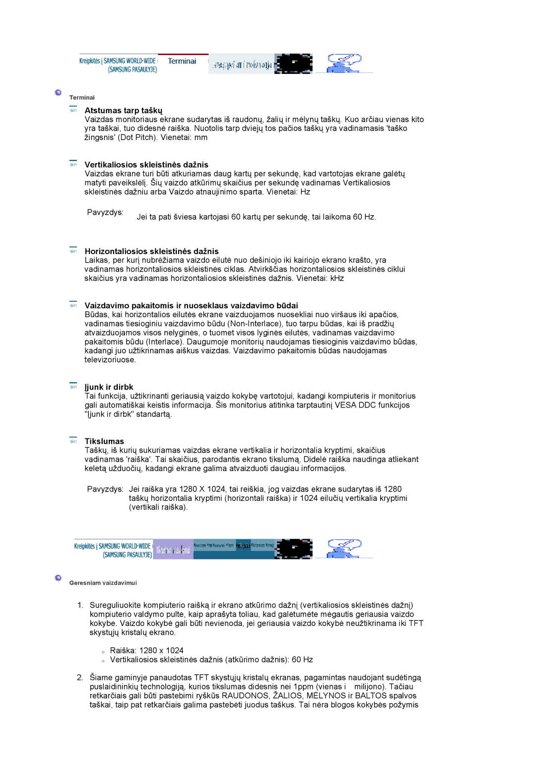 Samsung LS19VDPXBQ/EDC manual Atstumas tarp taškų, Vertikaliosios skleistinės dažnis, Horizontaliosios skleistinės dažnis 