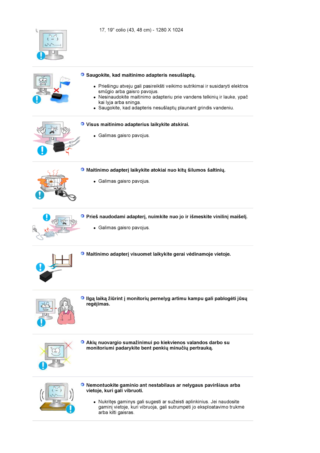 Samsung LS17VDPXHQ/EDC manual Saugokite, kad maitinimo adapteris nesušlaptų, Visus maitinimo adapterius laikykite atskirai 