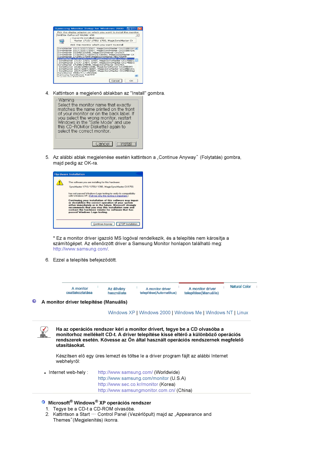 Samsung LS17VDPXHQ/EDC, LS19VDPXBQ/EDC manual Monitor driver telepítése Manuális, Microsoft Windows XP operációs rendszer 