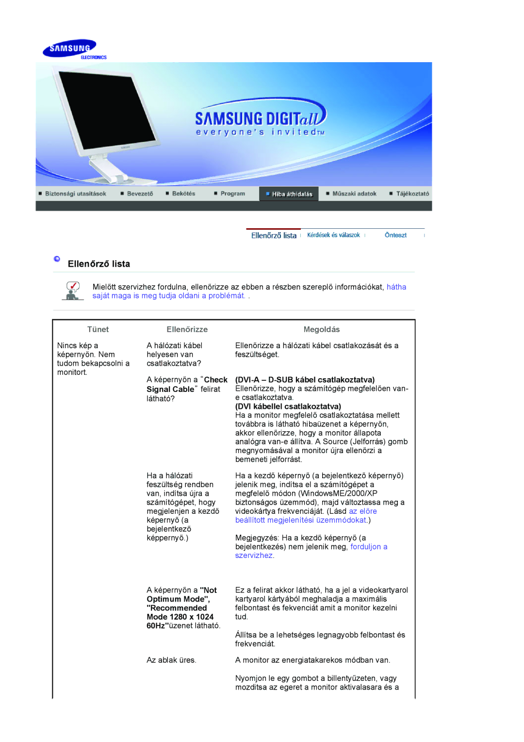 Samsung LS19VDPXBQ/EDC Signal Cable felirat, DVI-A D-SUB kábel csatlakoztatva, DVI kábellel csatlakoztatva, Optimum Mode 