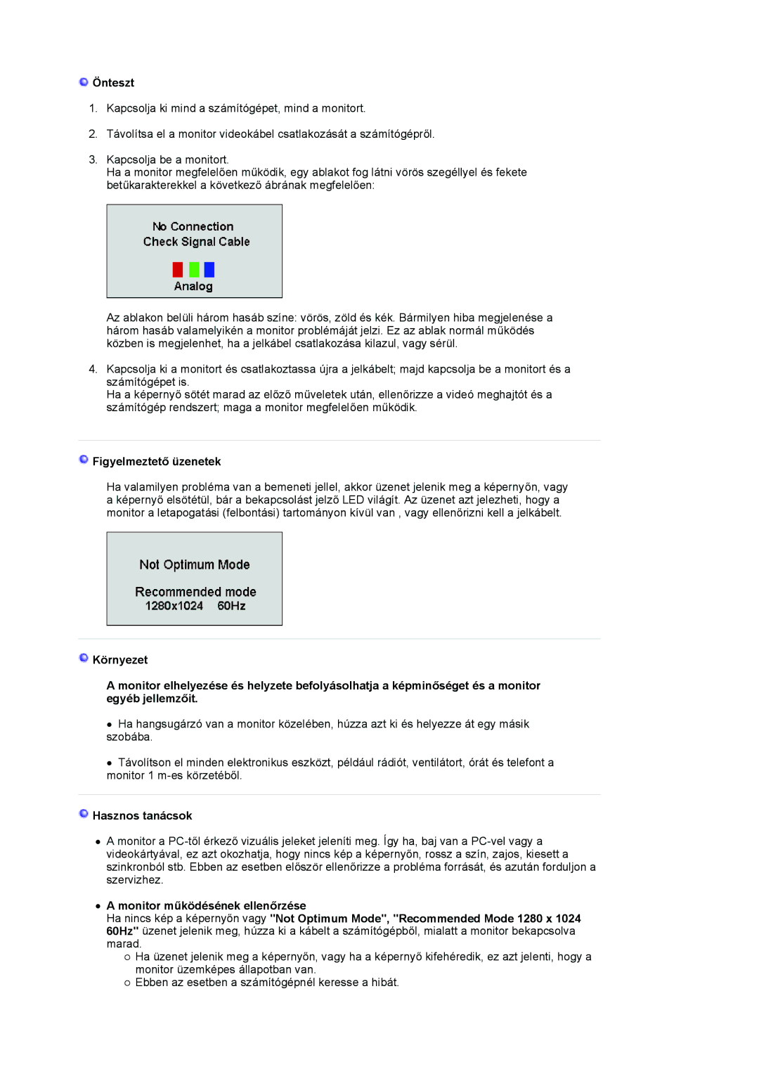 Samsung LS19VDPXBQ/EDC, LS19VDPXHQ/EDC, LS17VDPXHQ/EDC manual Önteszt, Figyelmeztető üzenetek, Hasznos tanácsok 