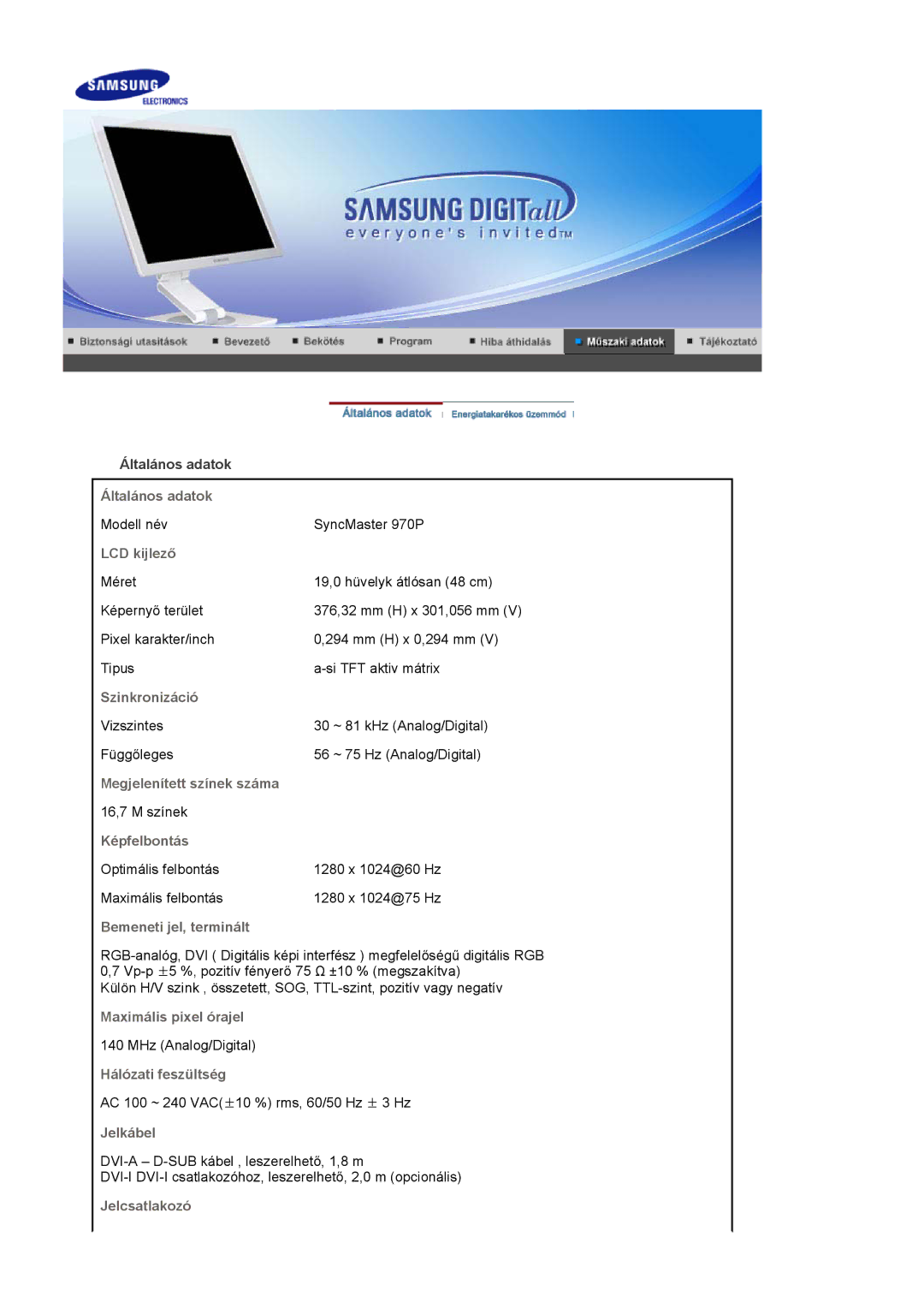 Samsung LS19VDPXHQ/EDC, LS19VDPXBQ/EDC, LS17VDPXHQ/EDC manual Modell név SyncMaster 970P 