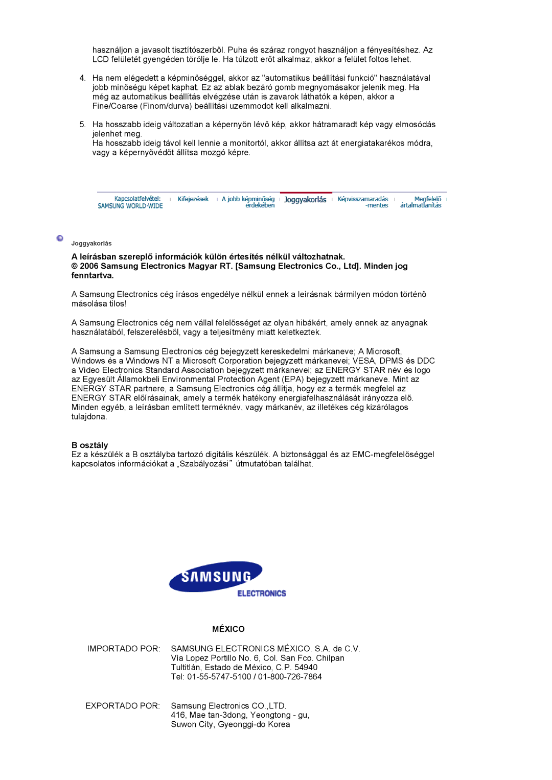 Samsung LS19VDPXHQ/EDC, LS19VDPXBQ/EDC, LS17VDPXHQ/EDC manual Osztály, México 