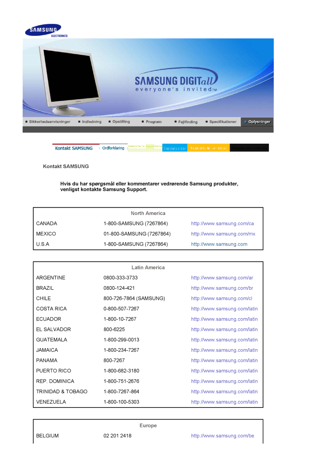 Samsung LS19VDPXBQ/EDC, LS19VDPXHQ/EDC manual Kontakt Samsung, Latin America 