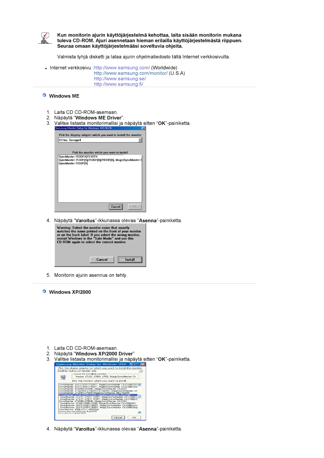 Samsung LS19VDPXBQ/EDC, LS19VDPXHQ/EDC manual Näpäytä Windows ME Driver, Näpäytä Windows XP/2000 Driver 