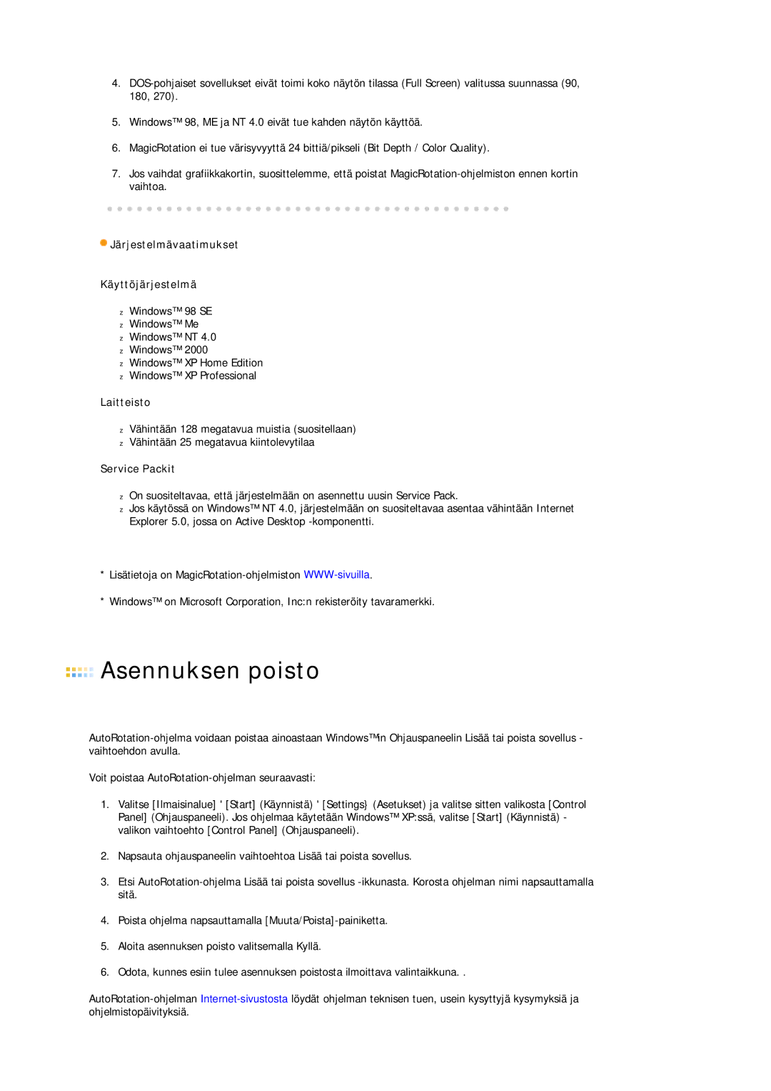 Samsung LS19VDPXBQ/EDC, LS19VDPXHQ/EDC manual Järjestelmävaatimukset Käyttöjärjestelmä, Service Packit 