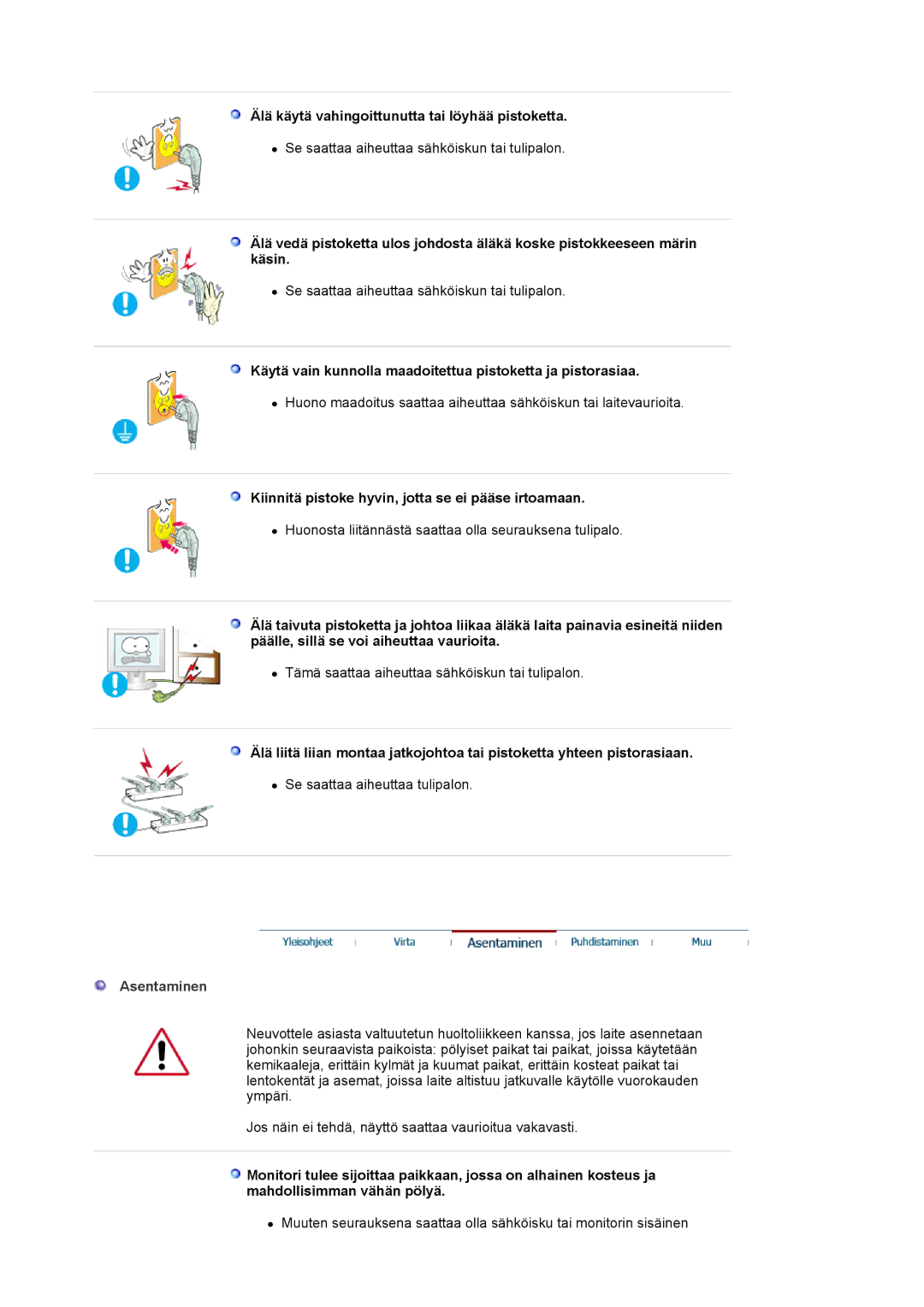 Samsung LS19VDPXHQ/EDC, LS19VDPXBQ/EDC manual Älä käytä vahingoittunutta tai löyhää pistoketta 