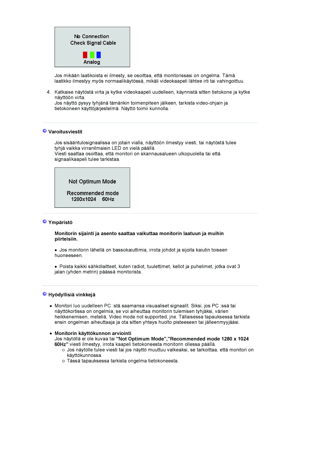 Samsung LS19VDPXBQ/EDC, LS19VDPXHQ/EDC manual Varoitusviestit, Hyödyllisiä vinkkejä 