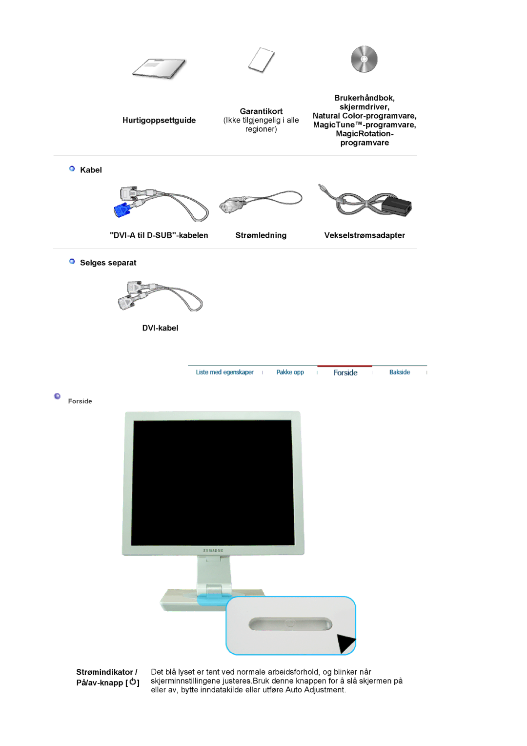 Samsung LS19VDPXHQ/EDC, LS19VDPXBQ/EDC manual Brukerhåndbok Garantikortskjermdriver, Selges separat DVI-kabel 